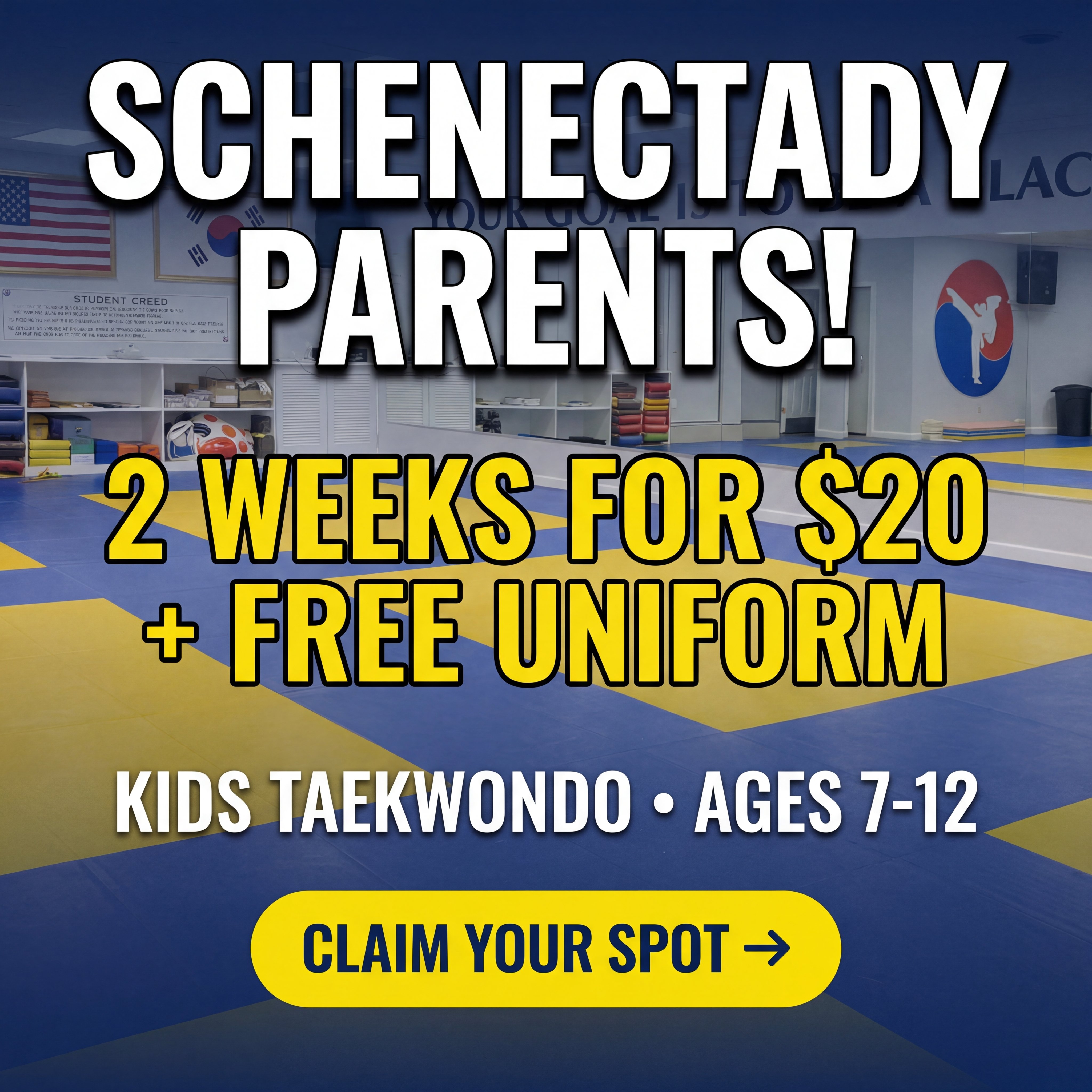 Pai's Tae Kwon Do Schenectady, NY Facebook ad: 2 Weeks for Just $20 + FREE Uniform