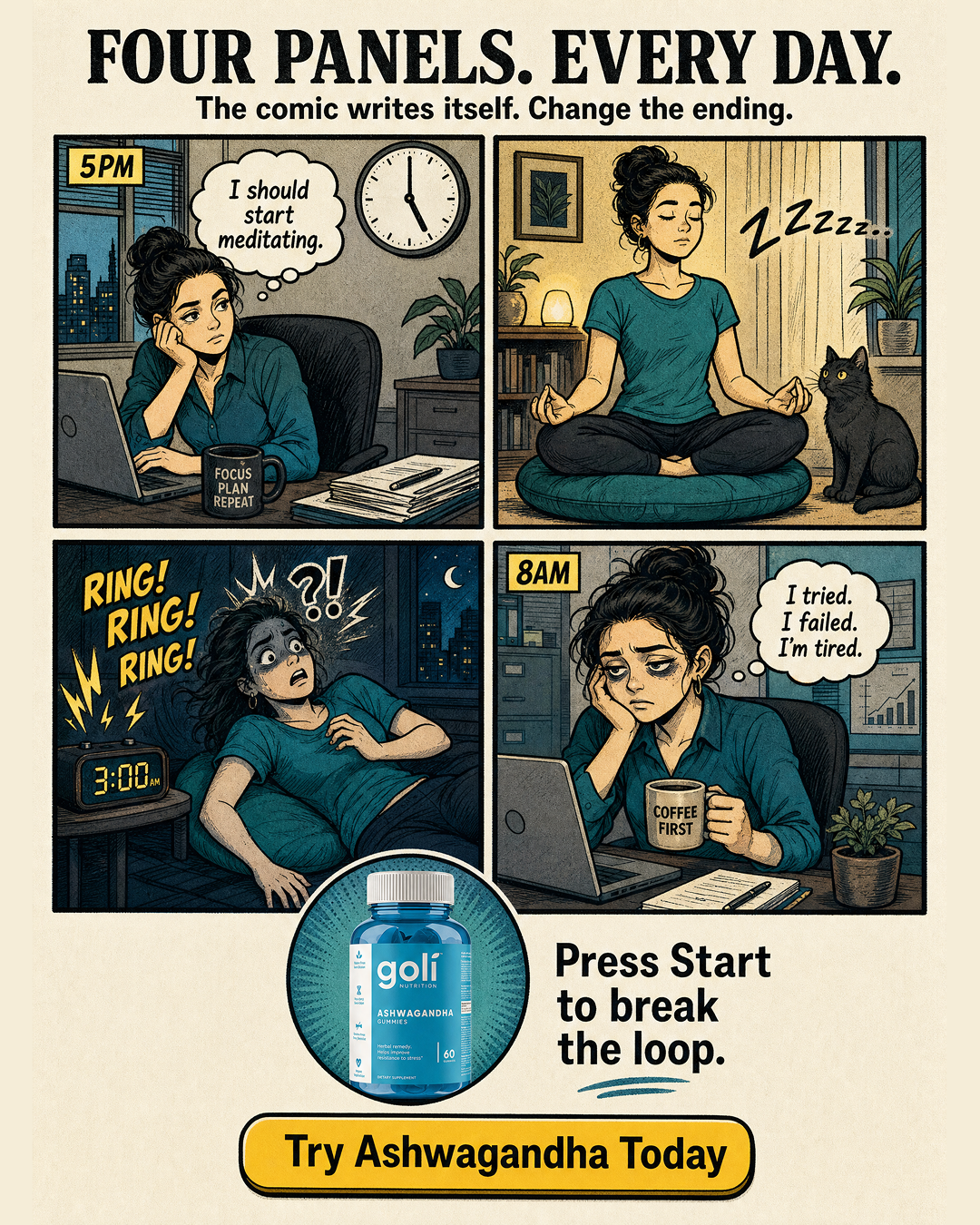 Goli Facebook ad: Meditated. Still Stressed.