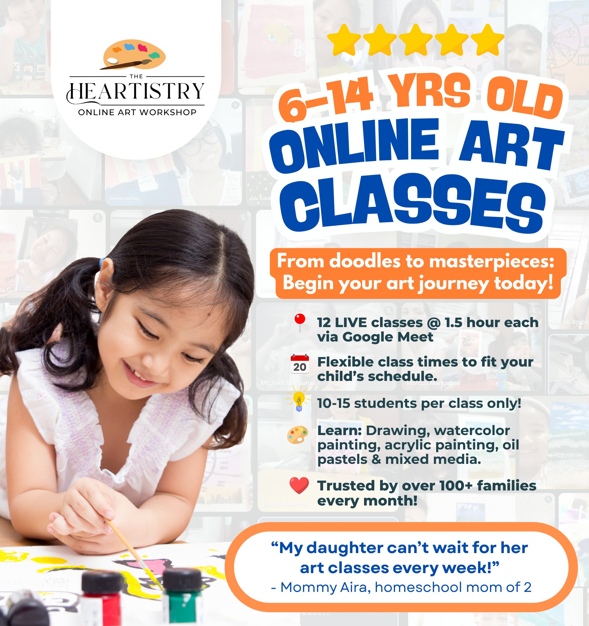 Heartistry Online Art Workshop Facebook ad: Need a screen time alternative that actually sparks…