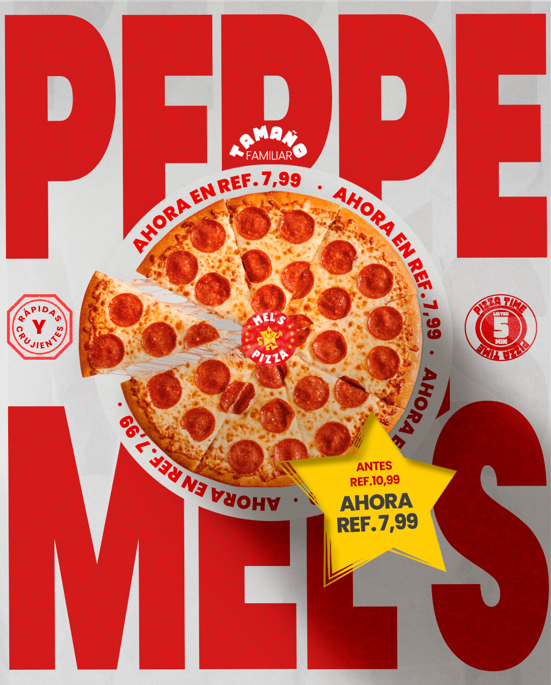 Mel’s pizzas Isaac Facebook ad: Nuestra pizza estrella 𝗣𝗘𝗣𝗣𝗘 𝗠𝗘𝗟𝗦 bajó su precio…