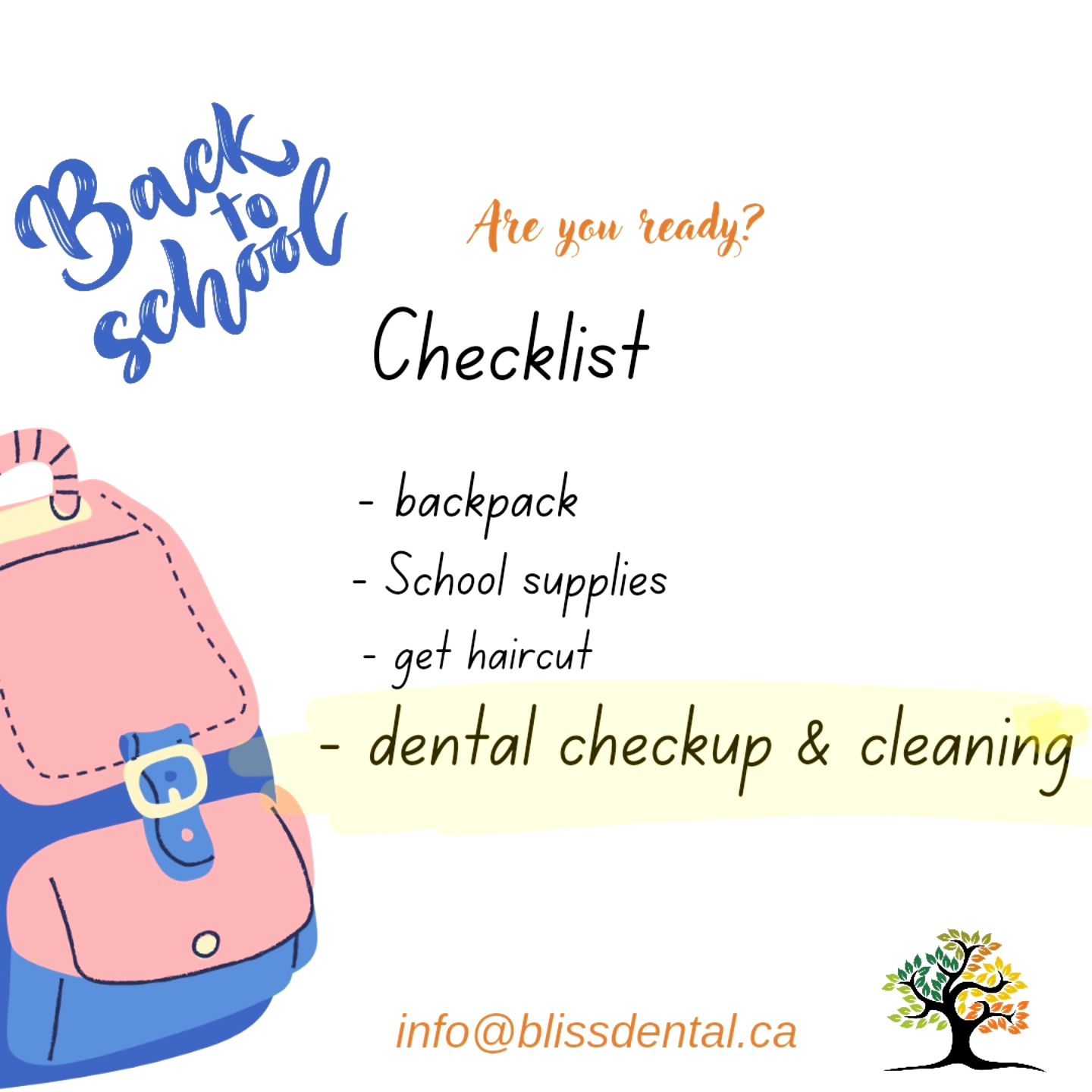 Bliss Dental Facebook ad: Dont forget to wear your back to School…