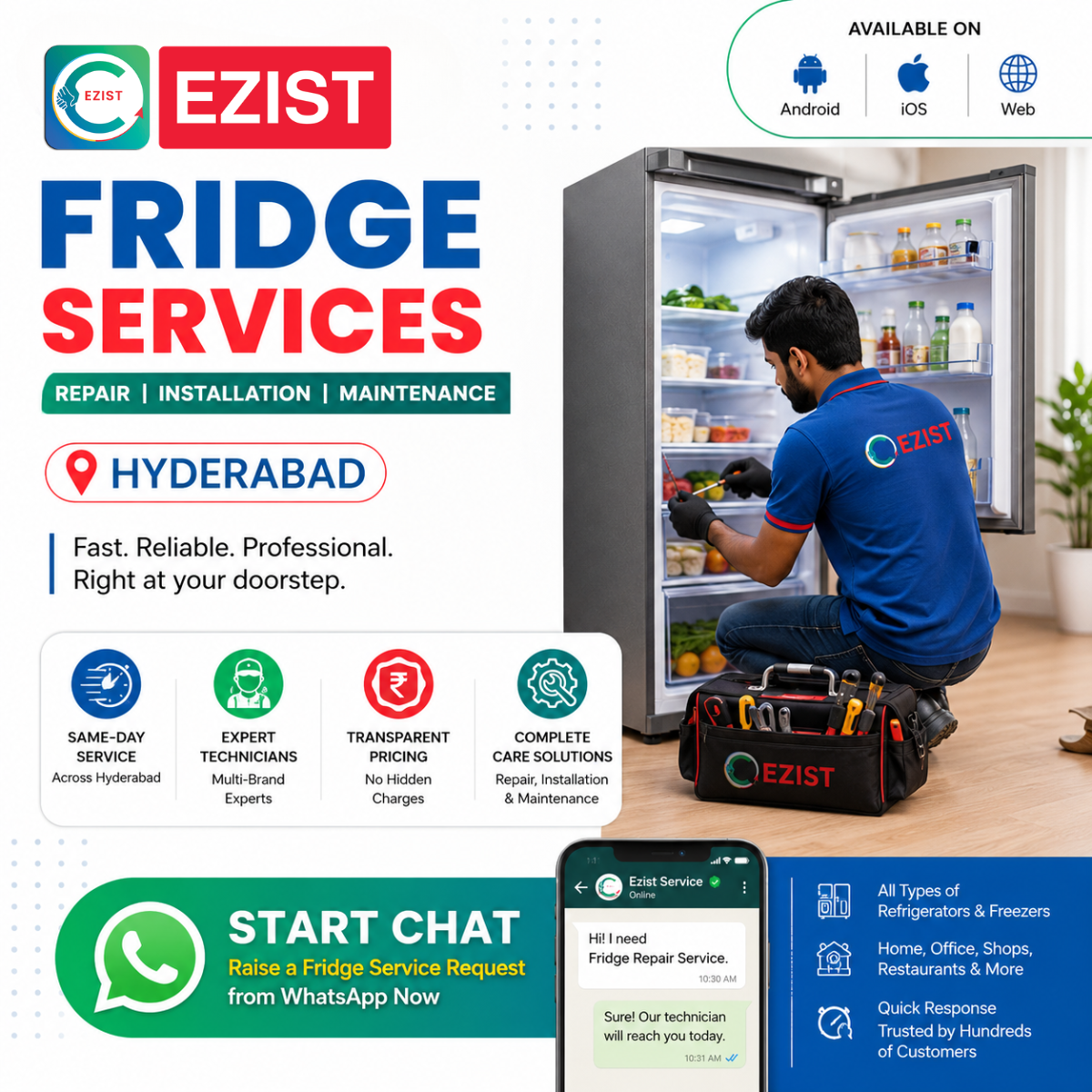 Ezist Facebook ad: Raise Your Fridge Service Request on WhatsApp Now