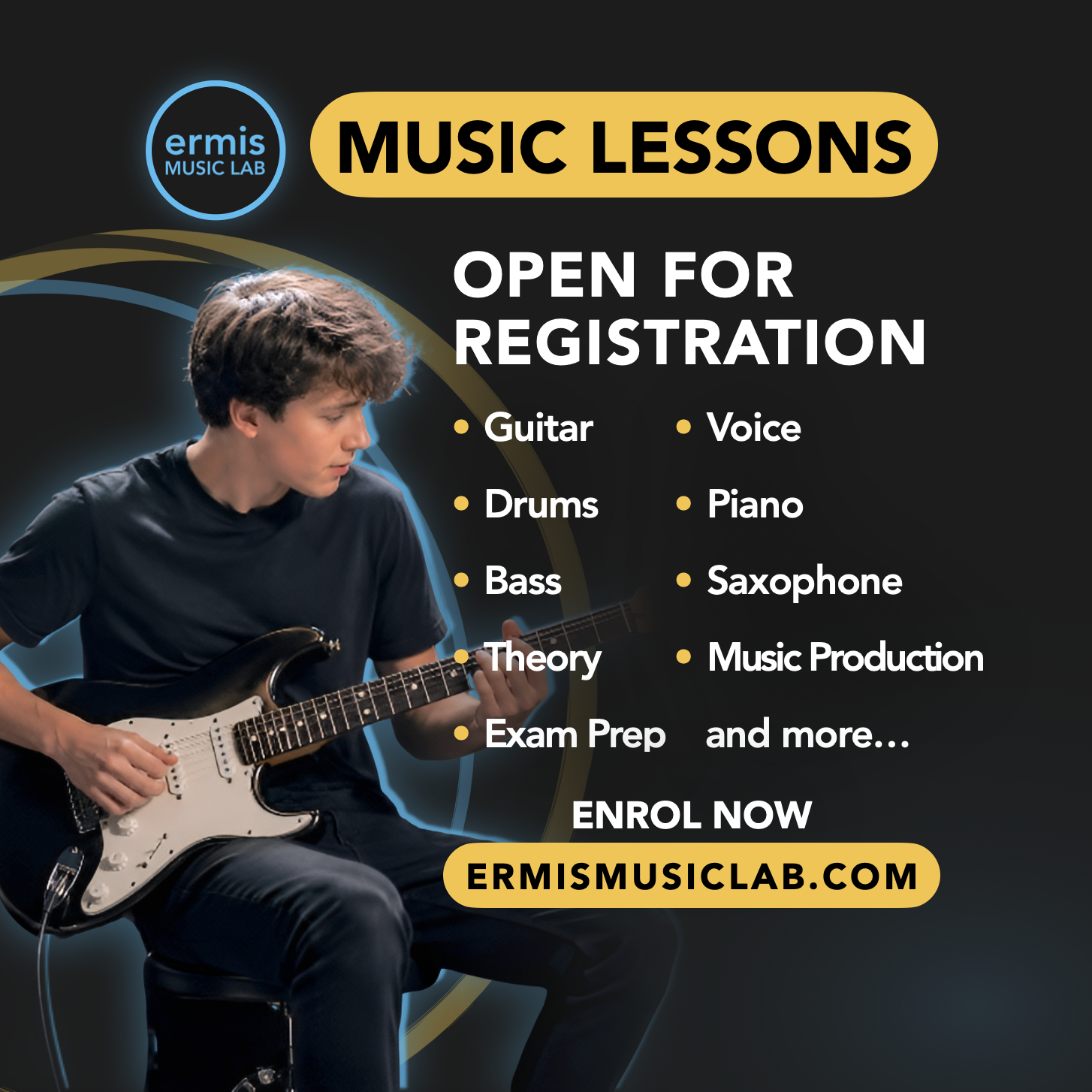 Ermis Music Lab Facebook ad: Music Lessons: •Guitar •Voice •Drums •Piano •Saxophone…