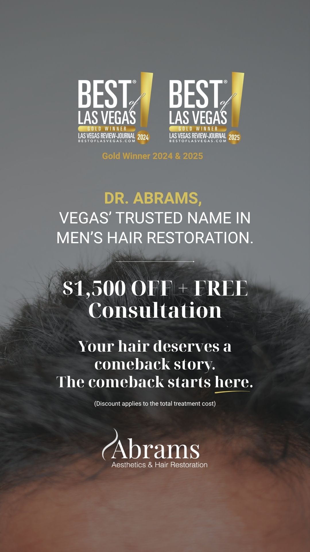Abrams Aesthetics Hair Restoration Facebook ad: $1,500 Off Hair Restoration, FREE Consultation
