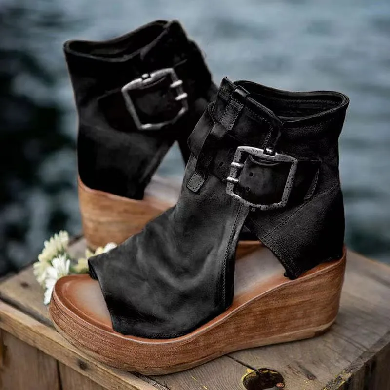 Discount shoes Facebook ad: Buckle Wedge High Heel Solid Peep Open Toe Casual Sandals