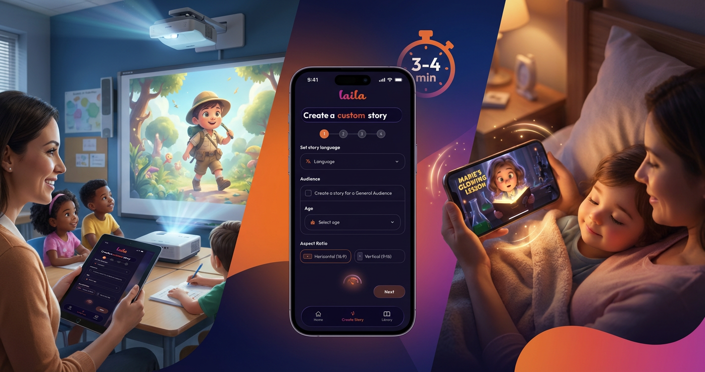 Laila - AI Powered Storytelling Facebook ad: Make Kids' Stories in Minutes