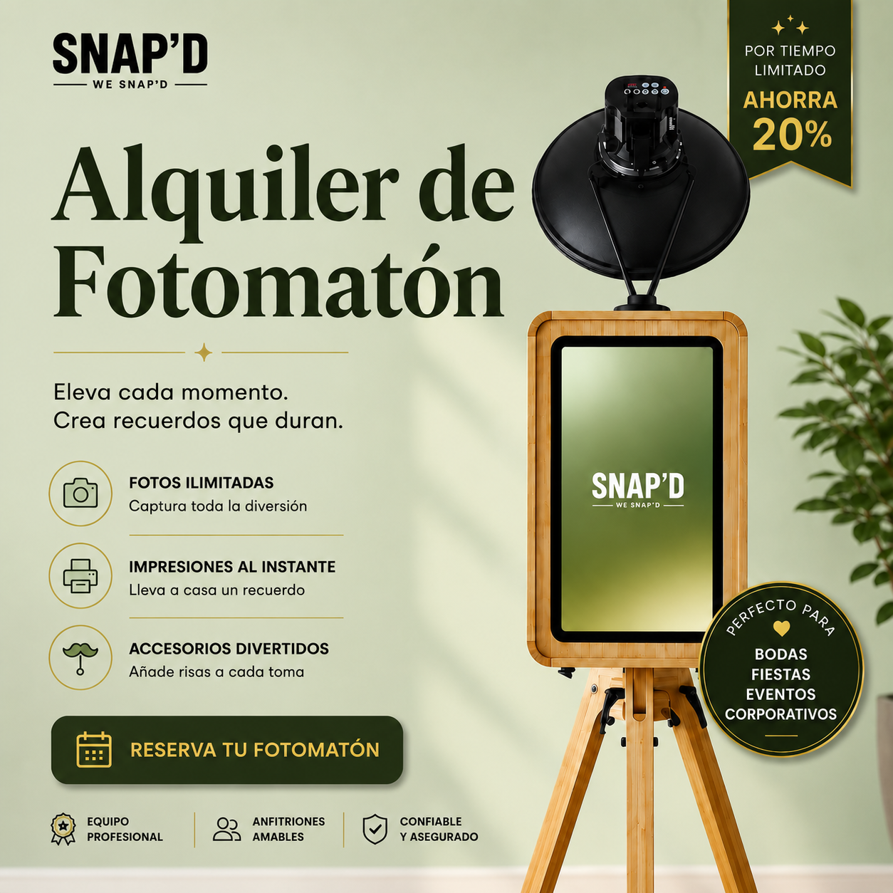Snap’d - Photo-Booth Rental Facebook ad: Reserva Esta Semana, Ahorra 20%