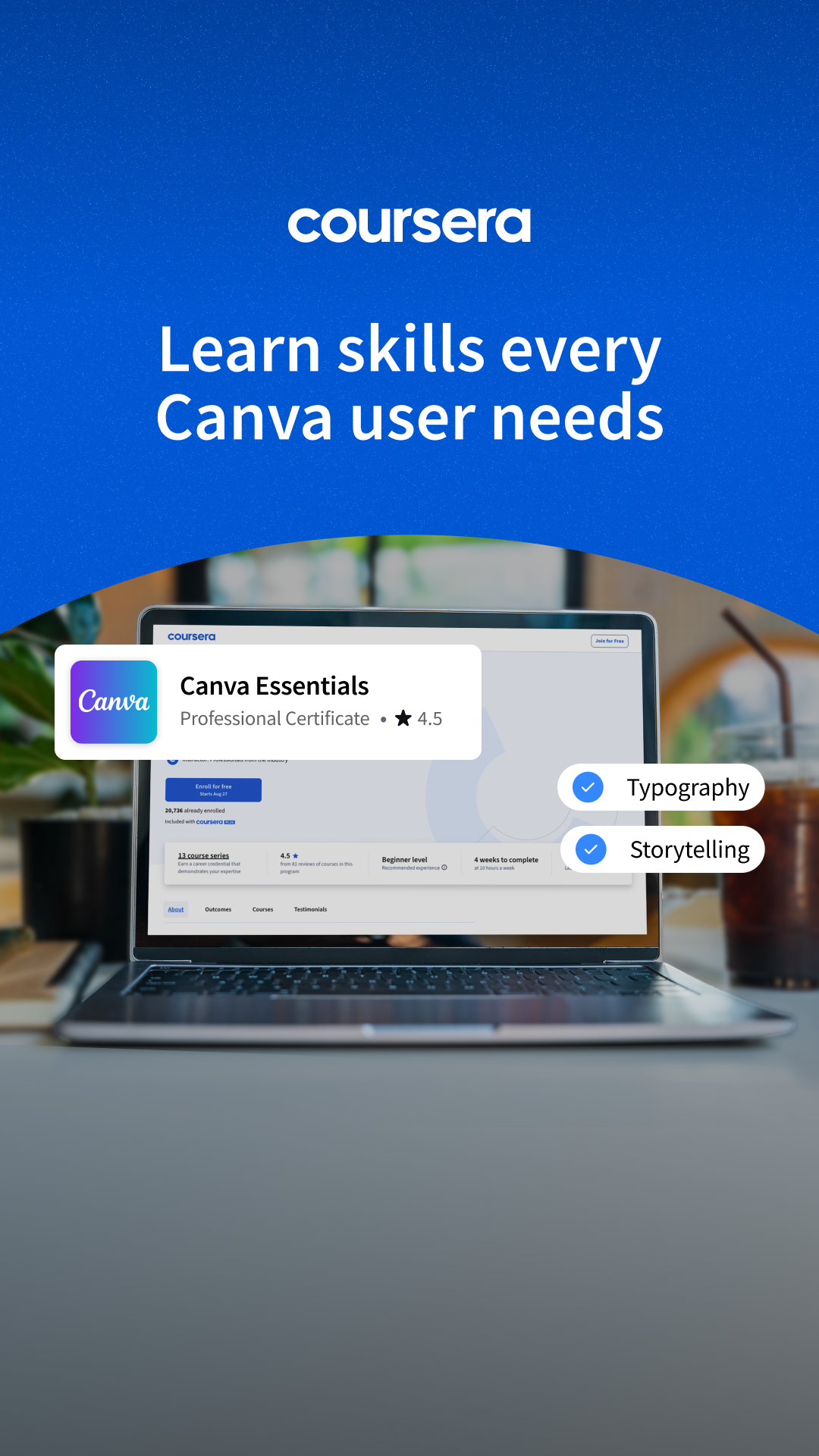 Coursera Facebook ad: Learn design, branding, and content creation with Canva