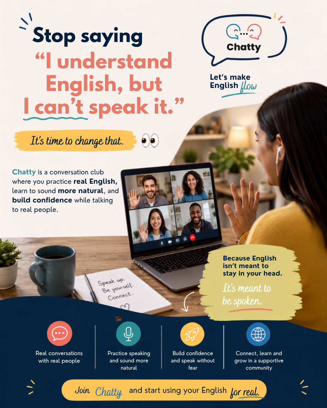 Chatty - Online English Speaking Club Facebook ad: Free for 2 weeks!