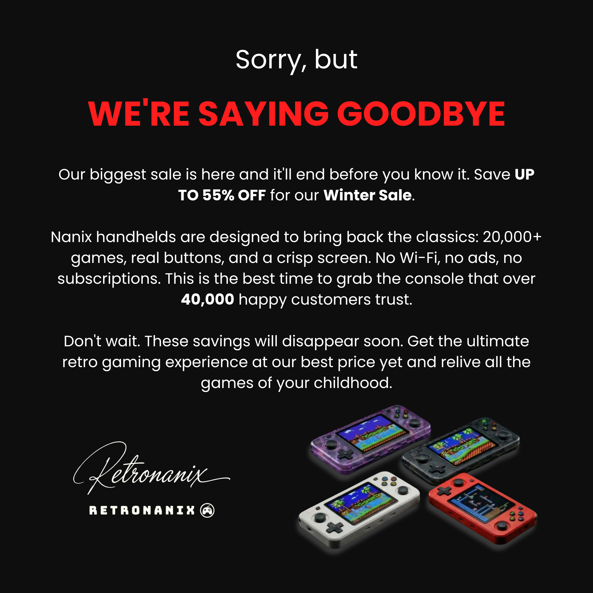 Retronanix Facebook ad: Final Days: Stock Won't Last