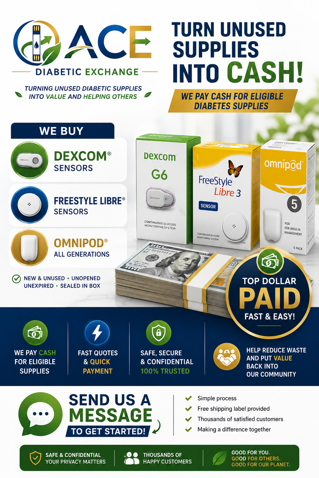 Ace Diabetic Exchange Facebook ad: Get Cash for Eligible Unused Diabetic Supplies