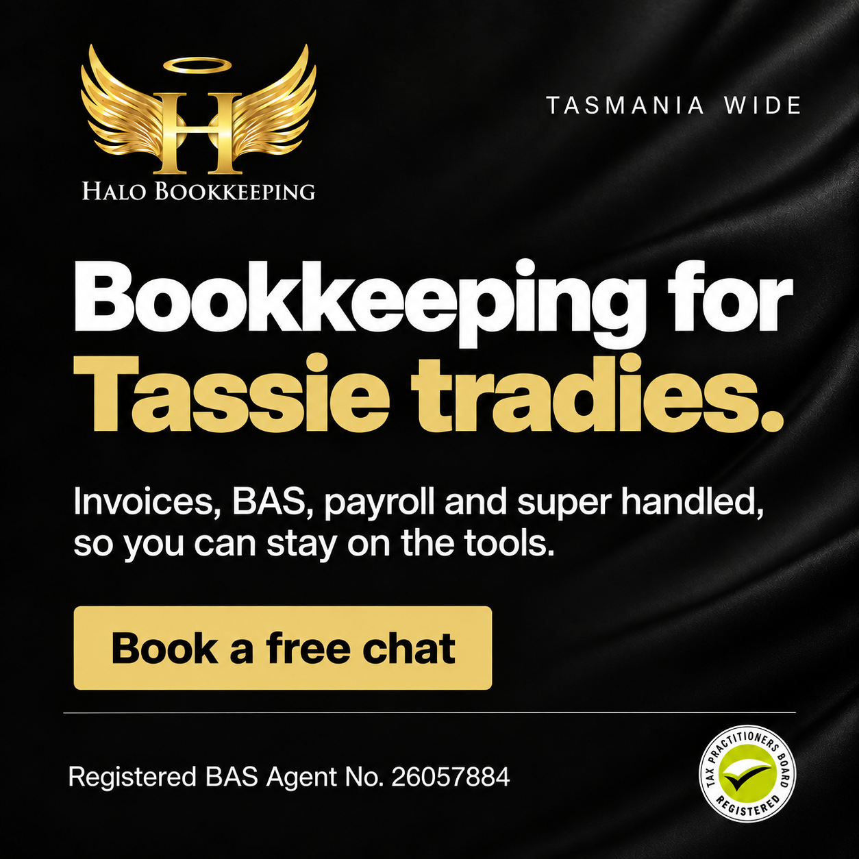 HALO Bookkeeping Facebook ad: Bookkeeping for Tassie tradies