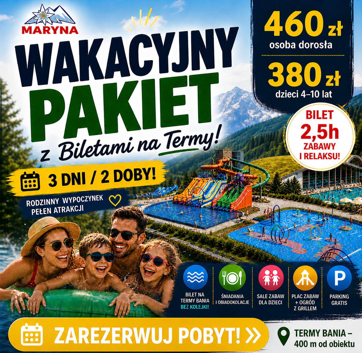 Dom Wypoczynkowy Maryna Facebook ad: Pakiet z biletami na Termy Bania!