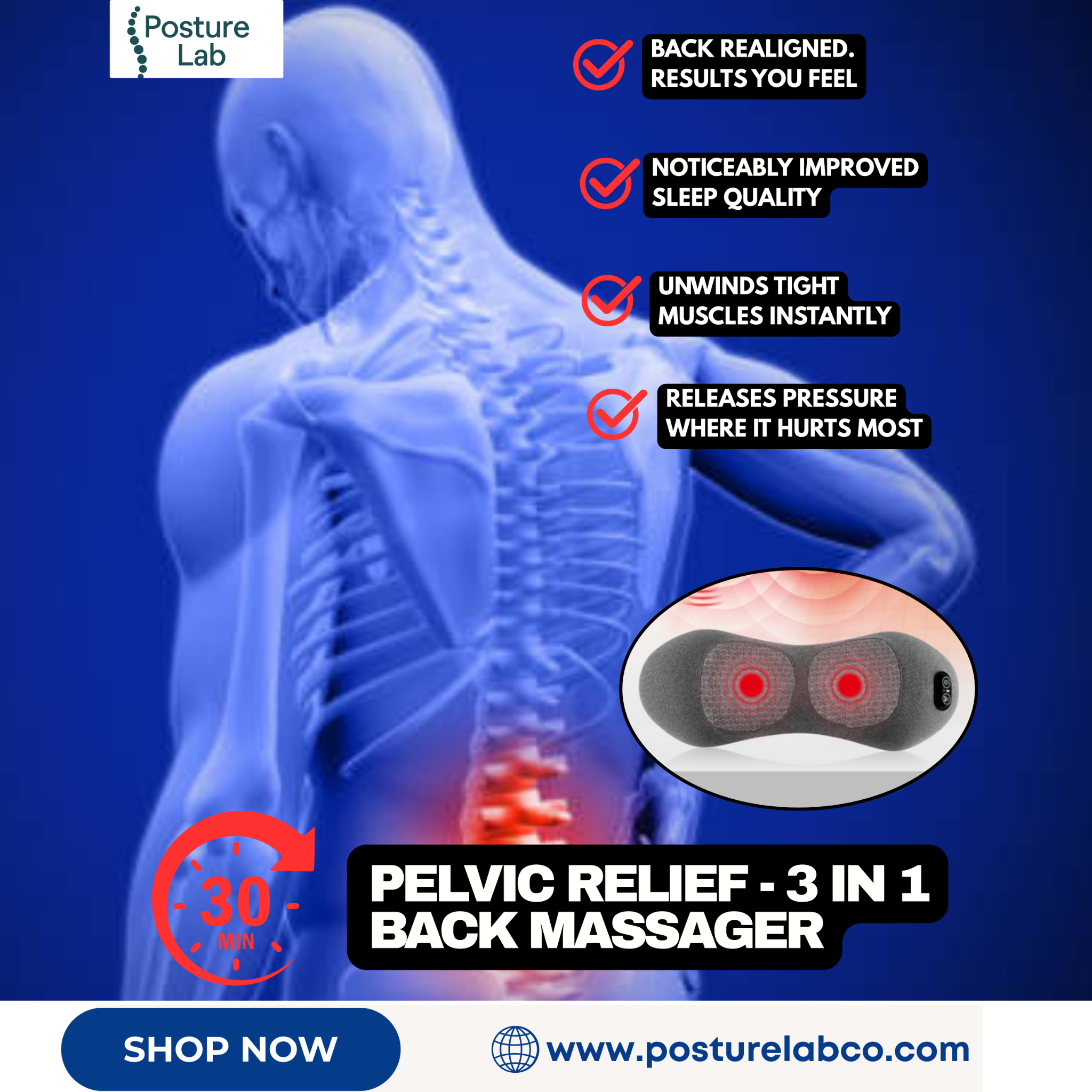 PostureLab Co Facebook ad: Eliminate Back Pain With The Pelvic Relief 3-in-1 Back…