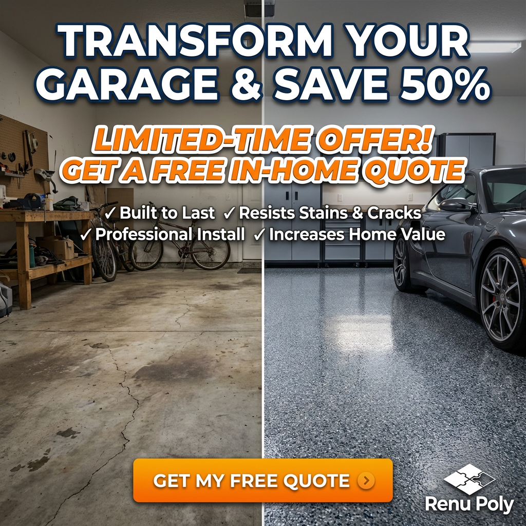 RenuPoly Epoxy Floors Metro Detroit Facebook ad: Save 50% on Epoxy Garage Floors