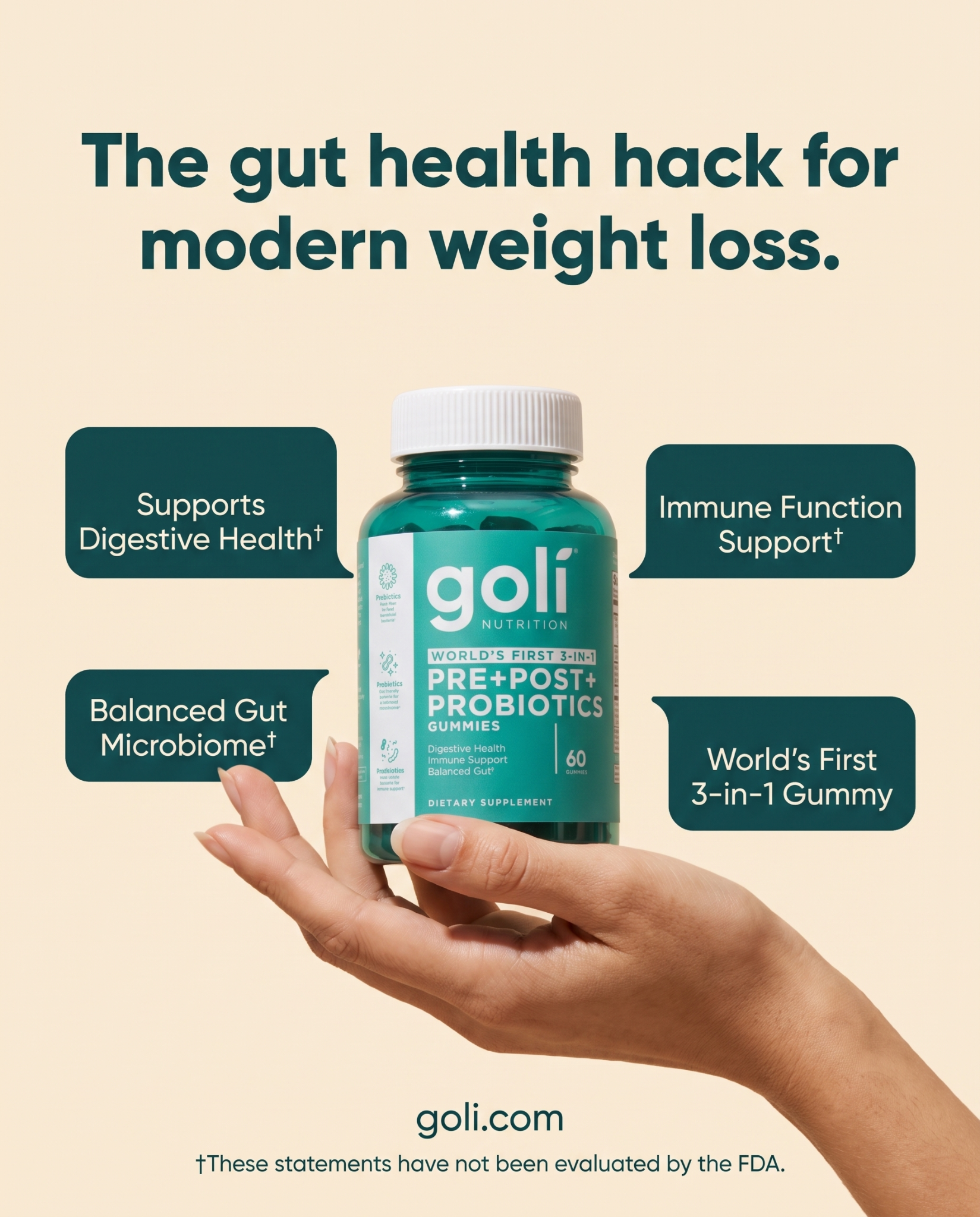 Goli Facebook ad: World's First 3 in 1 Probiotic Gummy