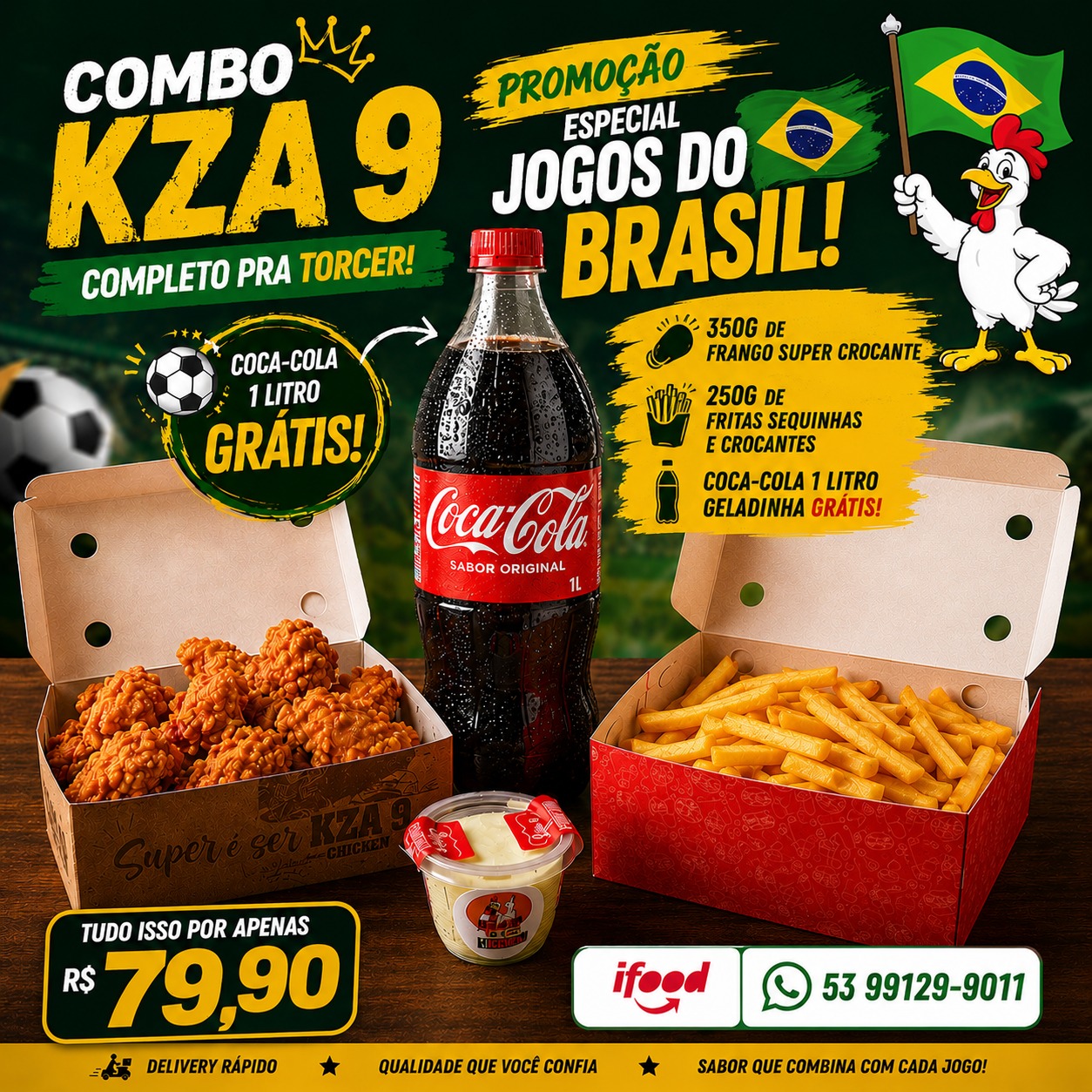 Kza 9 chicken delivery Facebook ad: PROMOÇÃO ESPECIAL, JOGOS DO BRASIL