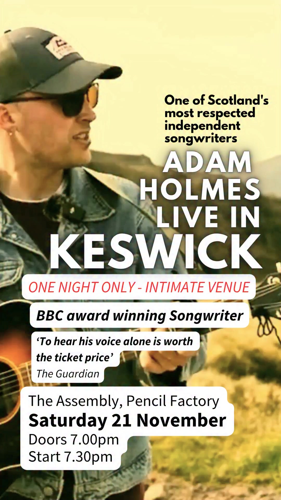 Adam Holmes Music Facebook ad: Keswick, The Assembly, Pencil Factory