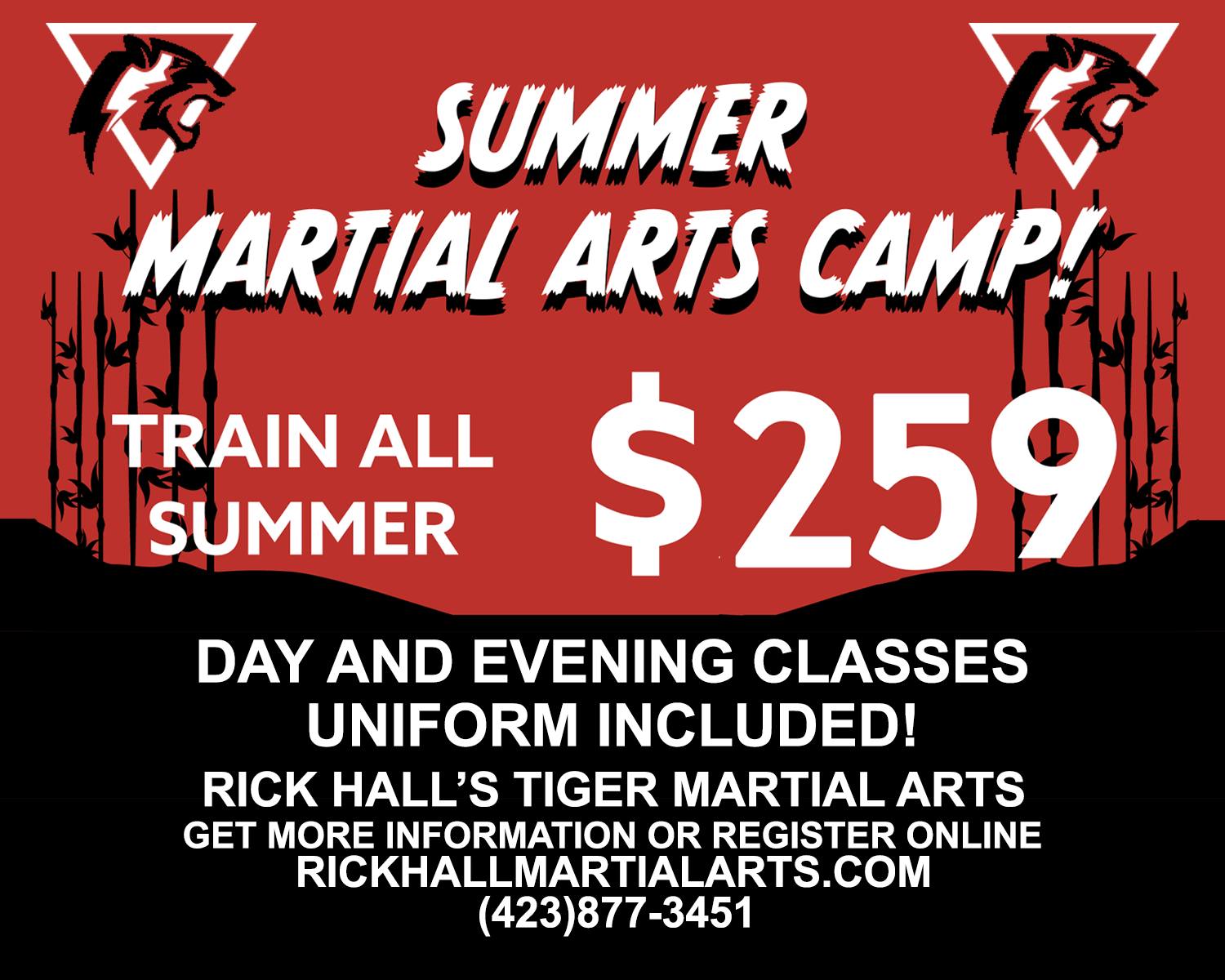 Rick Hall's Tiger Martial Arts Academy Facebook ad: Train all summer long at our Summer Martial…