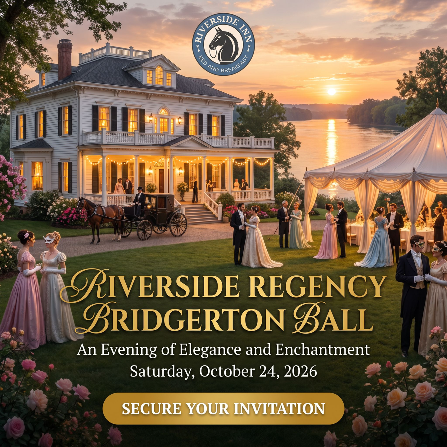 Riverside Inn Bed & Breakfast Facebook ad: Dine Like Royalty: Riverside Inn Bridgerton Masquerade