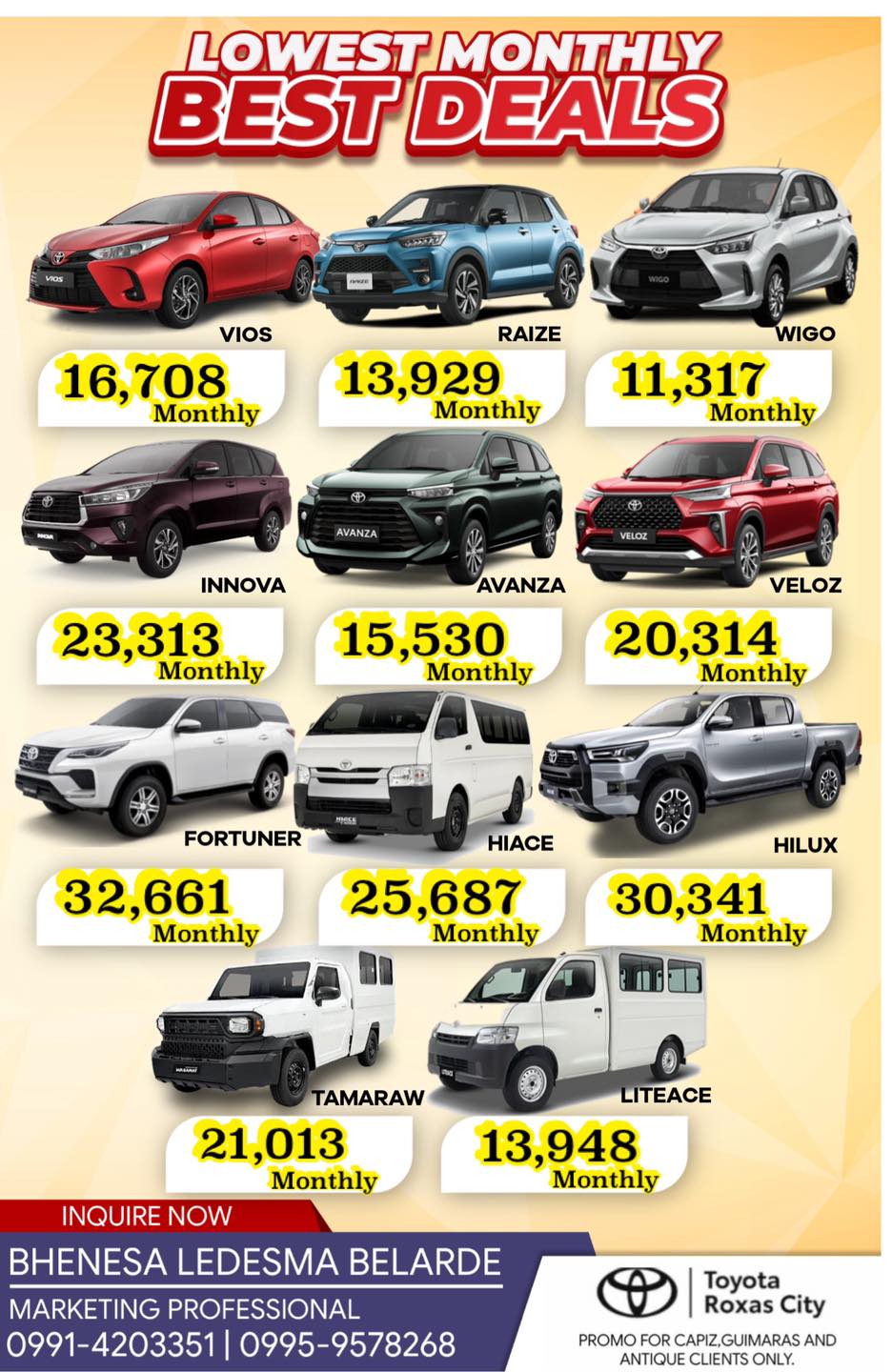 Bhenesa Ledesma Belarde - Toyota Roxas Facebook ad: LOWEST MONTHLY DEALS!