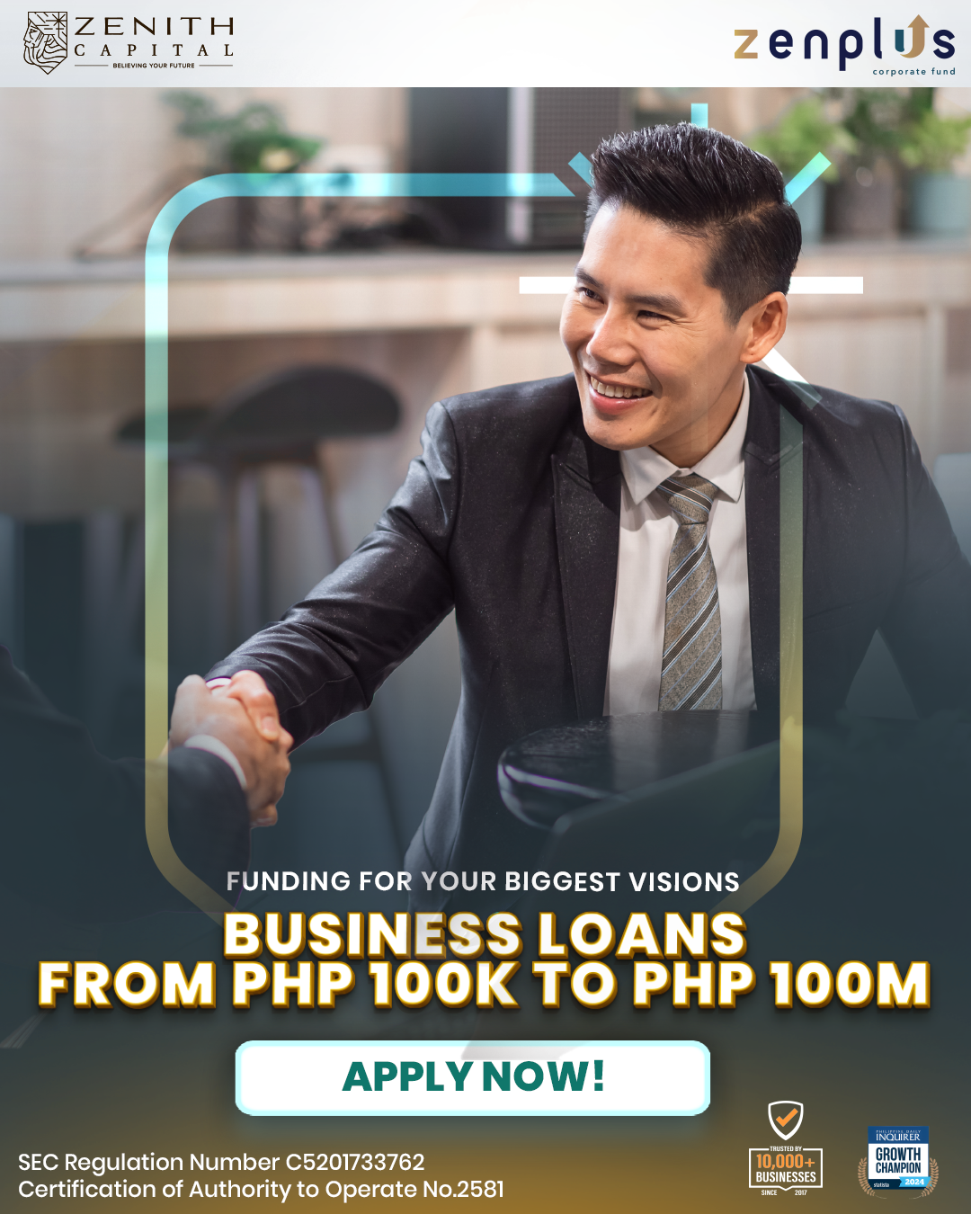 Zenith Capital Facebook ad: Up to ₱100M Business Loans for Medium to Large Enterprises
