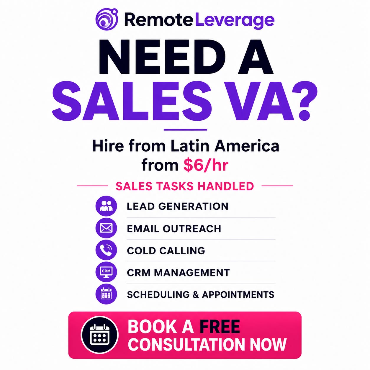 Remote Leverage Facebook ad: Outsource from $6/hr