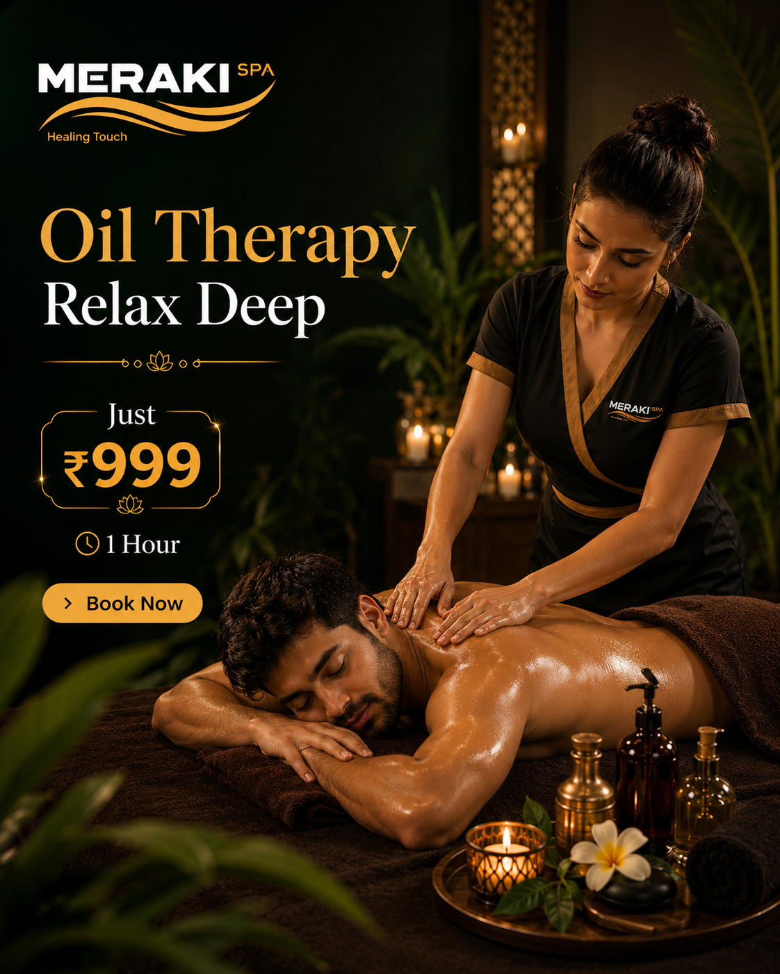 Meraki SPA Facebook ad: 1 Hour Oil Therapy at Just ₹999