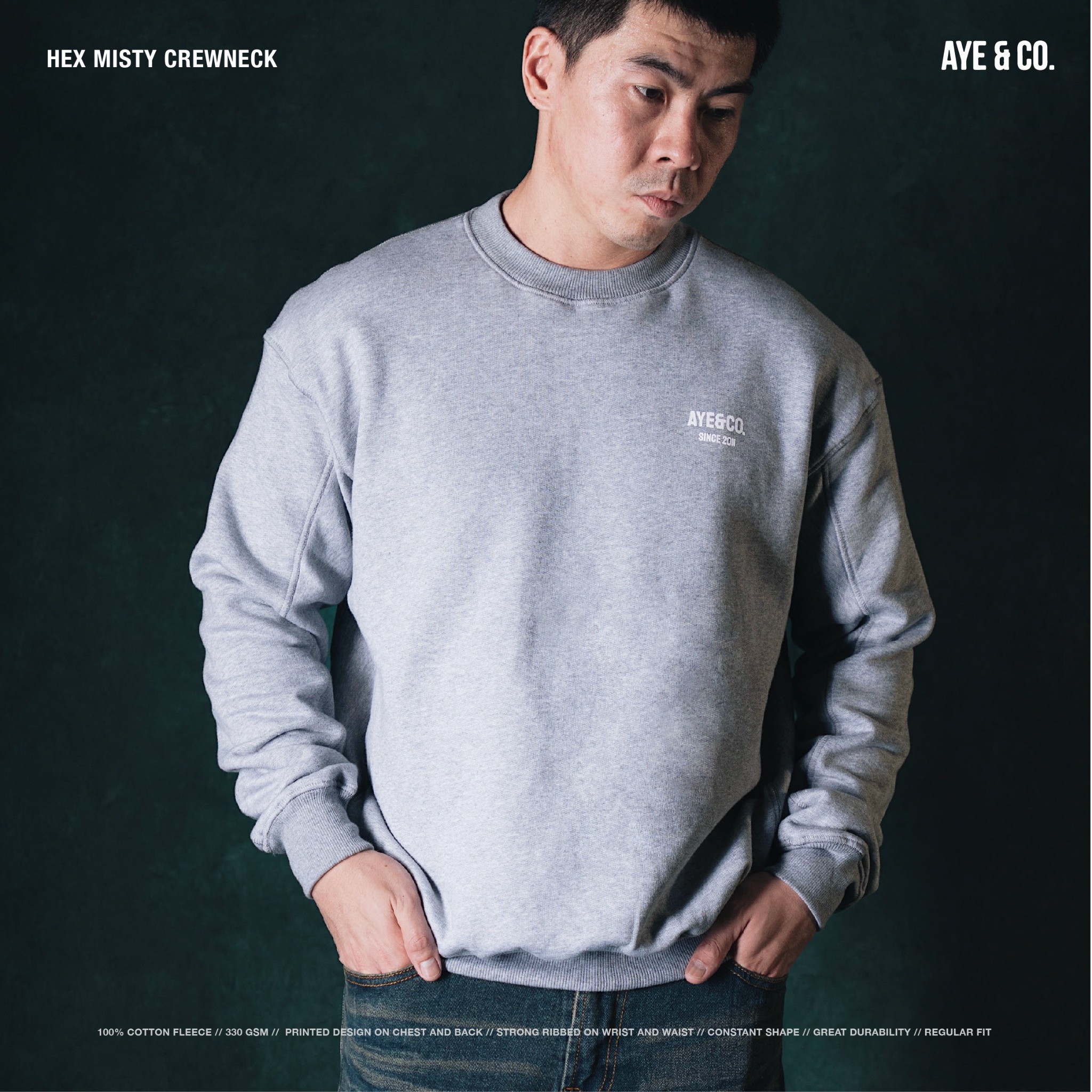 AYE & CO Facebook ad: HEX MISTY CREWNECK AVAILABLE NOW!