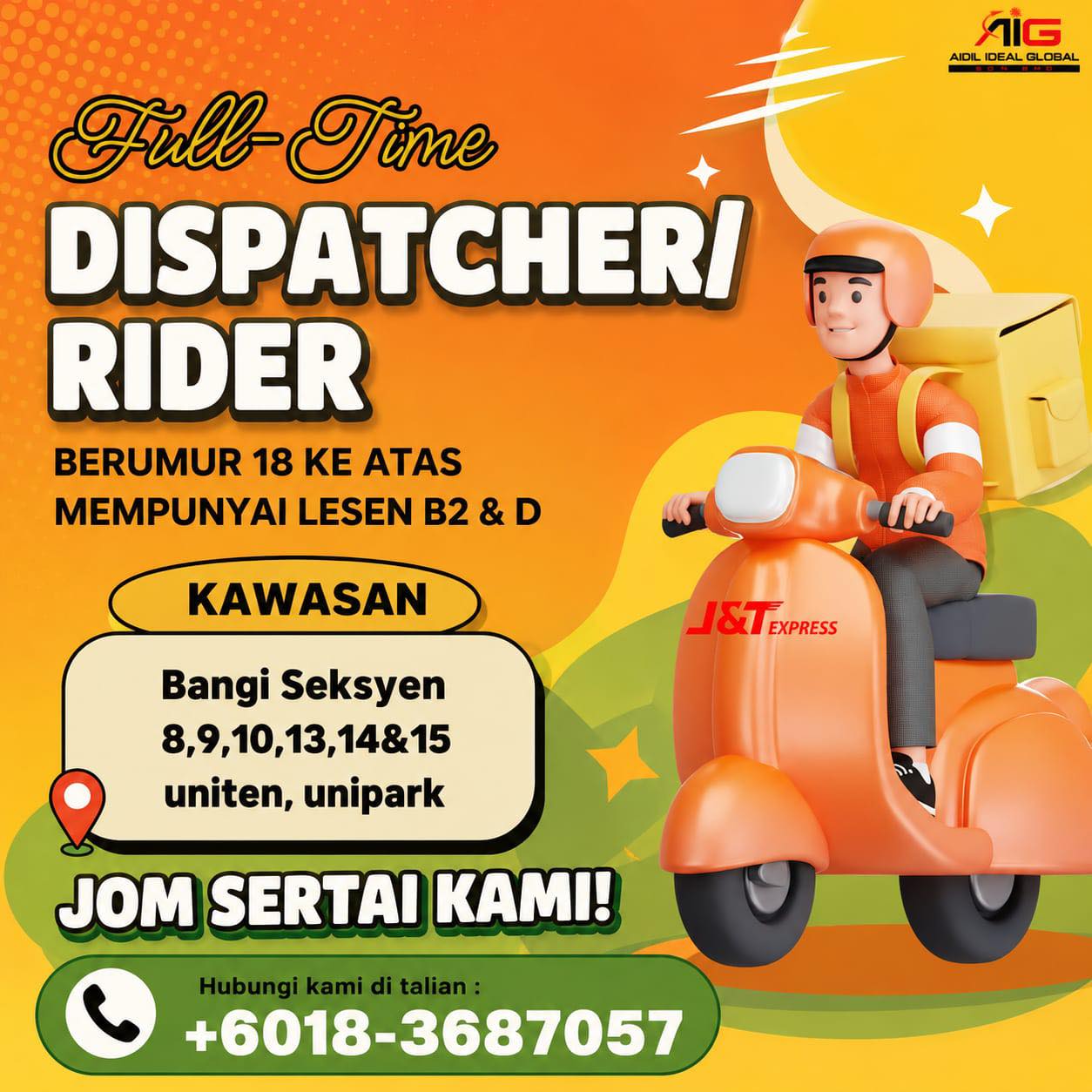 AiG2DeliverParcel Facebook ad: KEMASUKAN SEGERA DISPATCHER / RIDER (J&T EXPRESS)