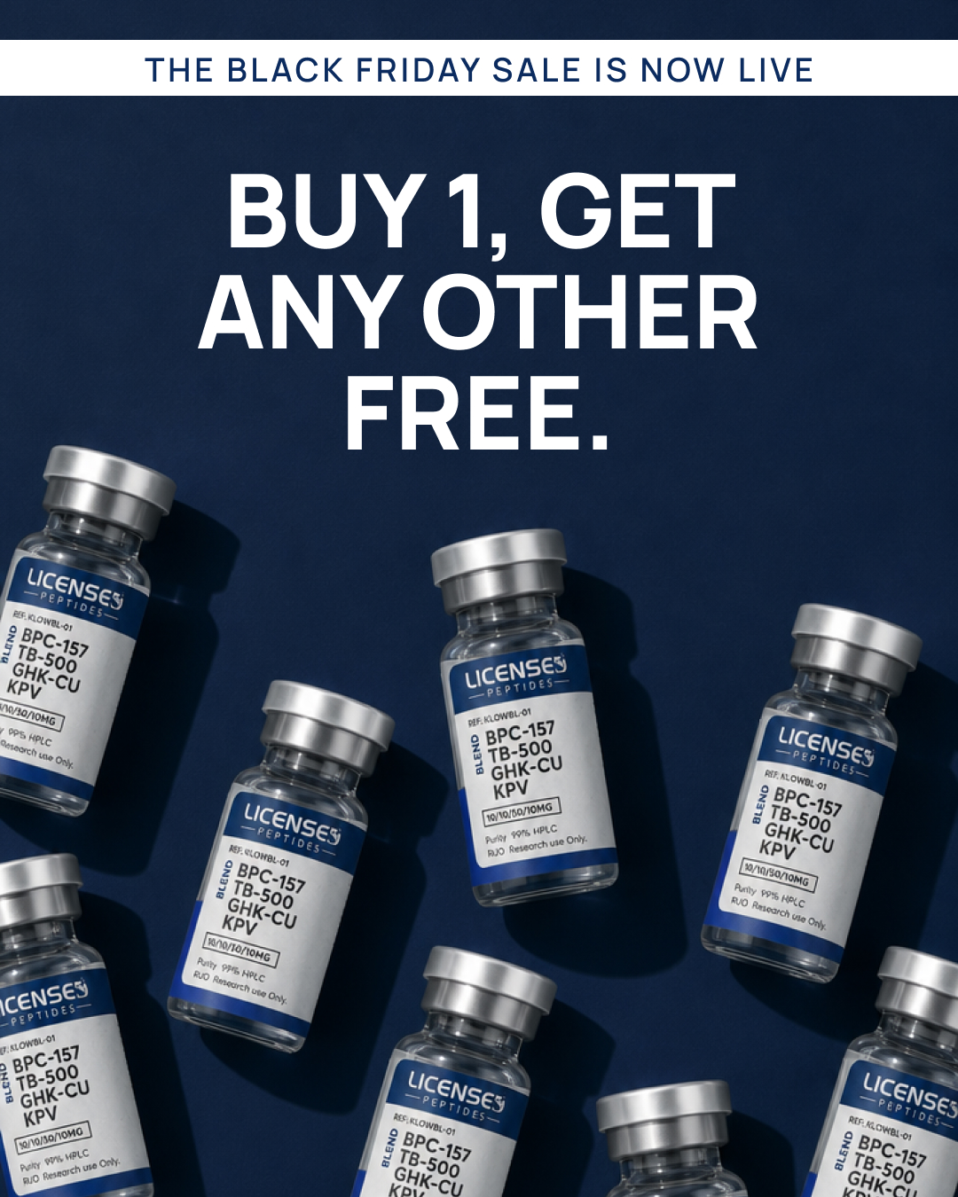 Licensed Peptides Facebook ad: 2 FOR 1, PICK ANY VIAL FREE
