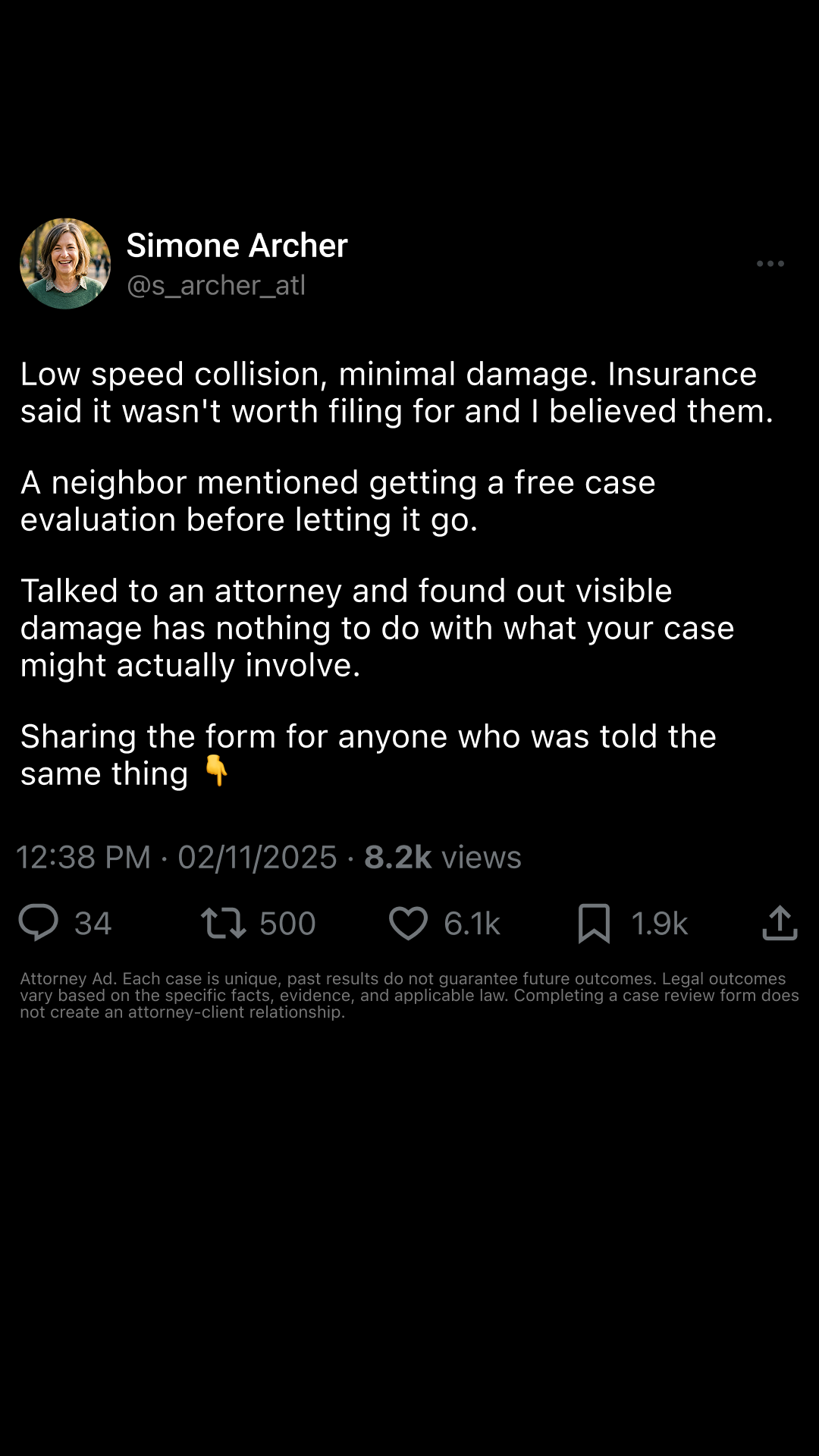 Vehicle Injury Claim Facebook ad from May 28, 2026