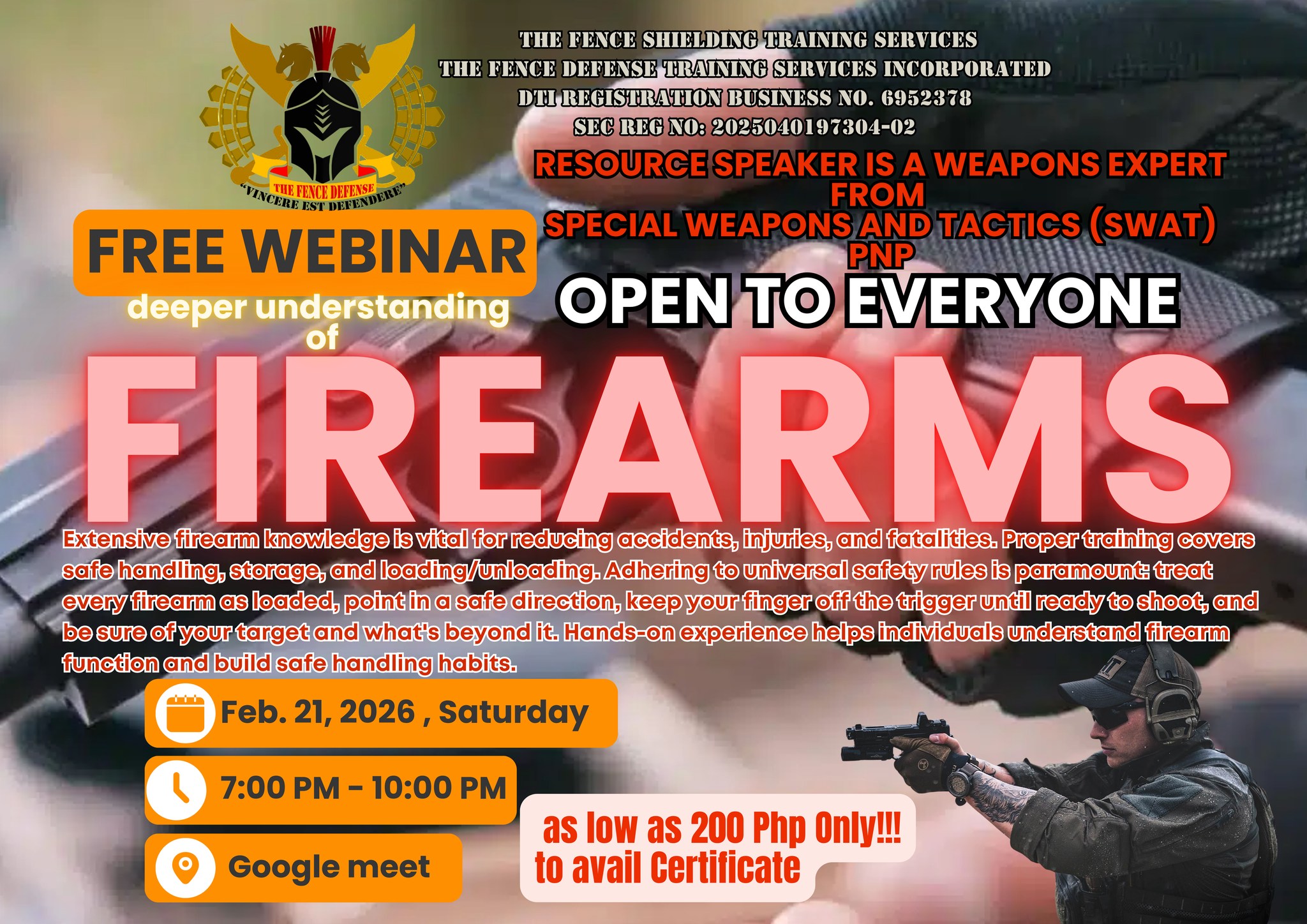 The Fence Defense Training Services Incorporated Facebook ad: FREE Webinar - Understanding FIREARMS…