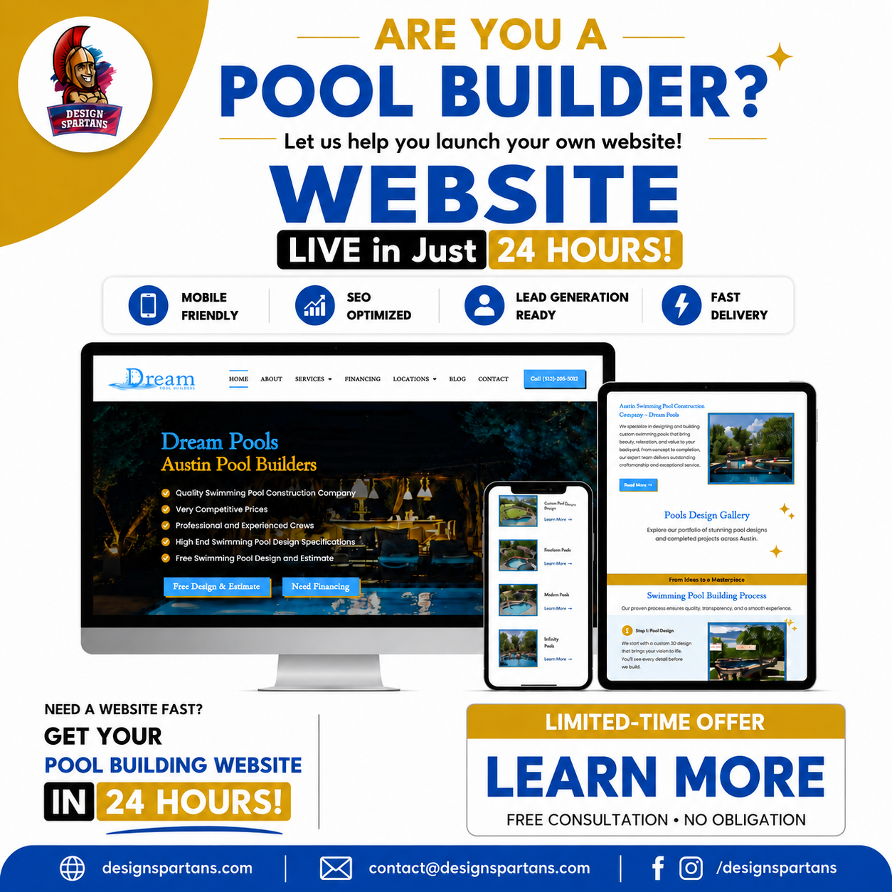 Design Spartans Facebook ad: Pool Builders: Need a Website Fast?