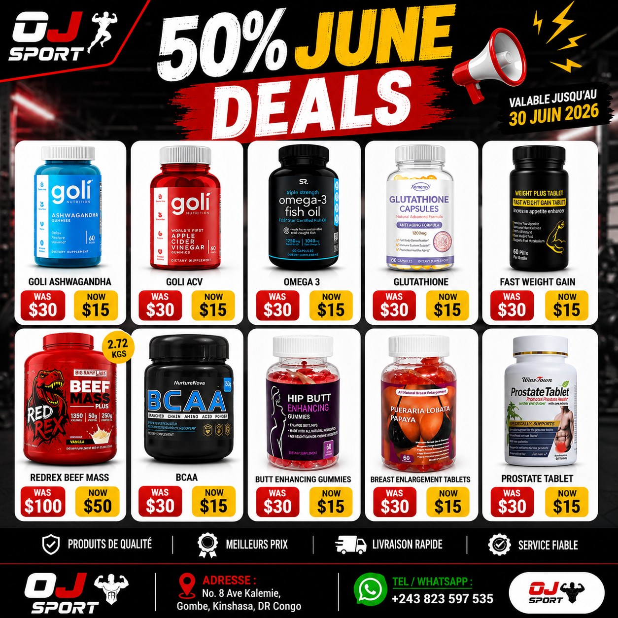 OJ Sport Facebook ad: SOLDES EXCEPTIONNELLES, 50% DE RÉDUCTION EN JUIN!