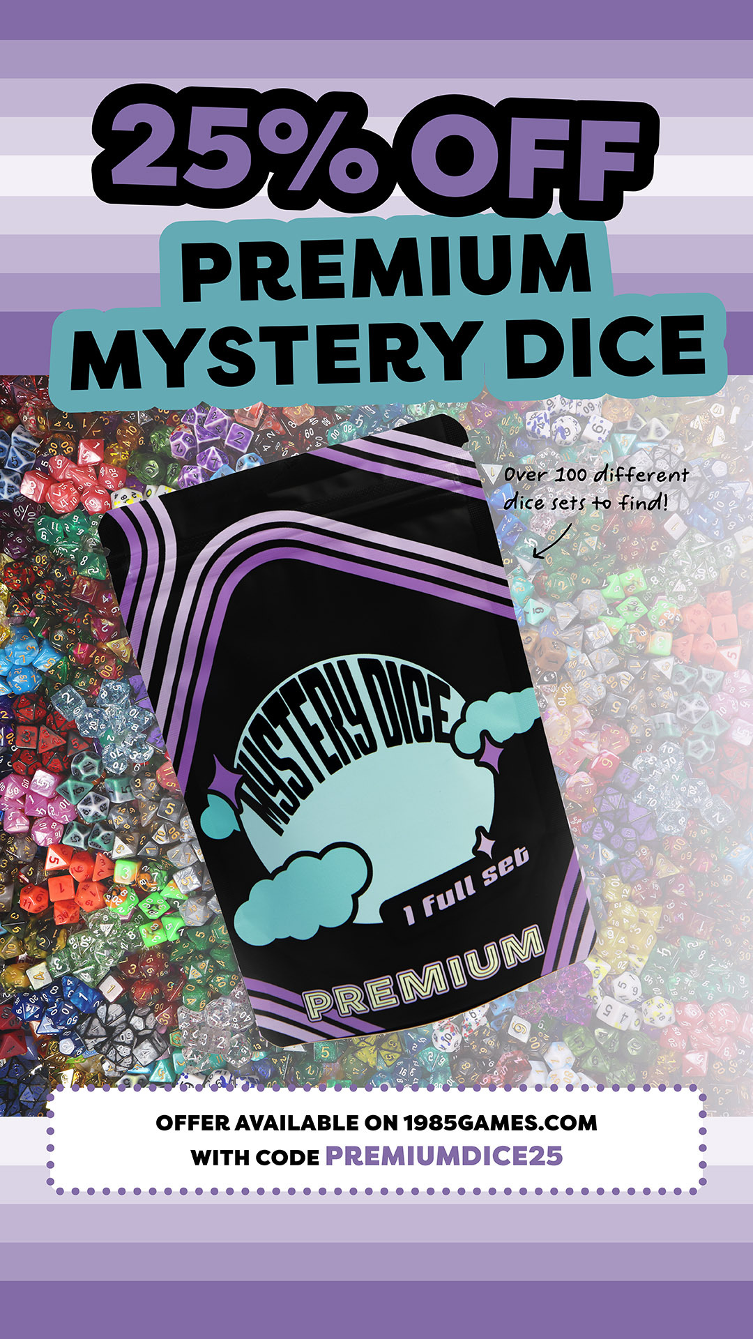 1985 Games Facebook ad: Save 25% on Premium Mystery Dice