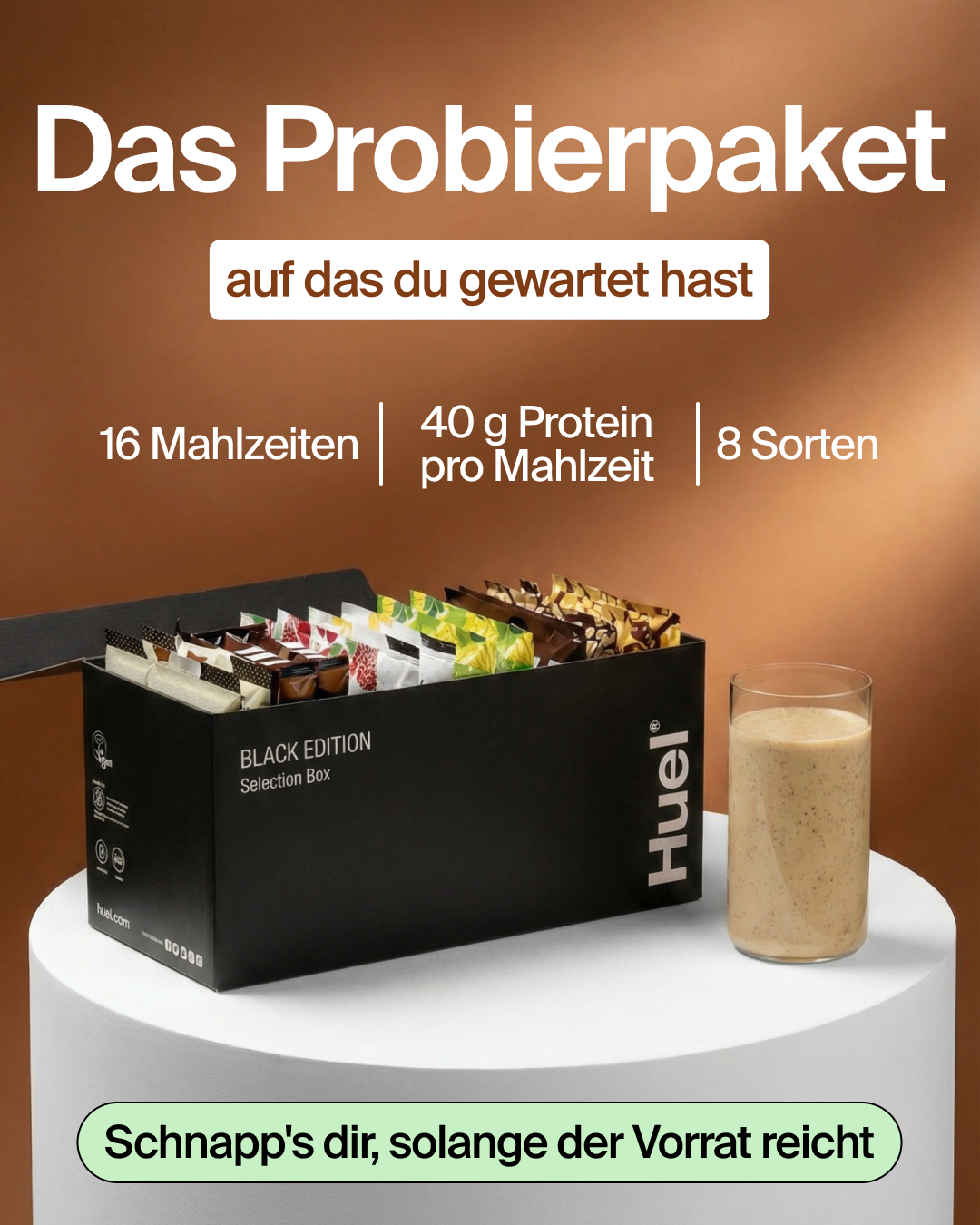 Huel Facebook ad: Keine Zeit zum Kochen? Entdecke Huel Black Edition.