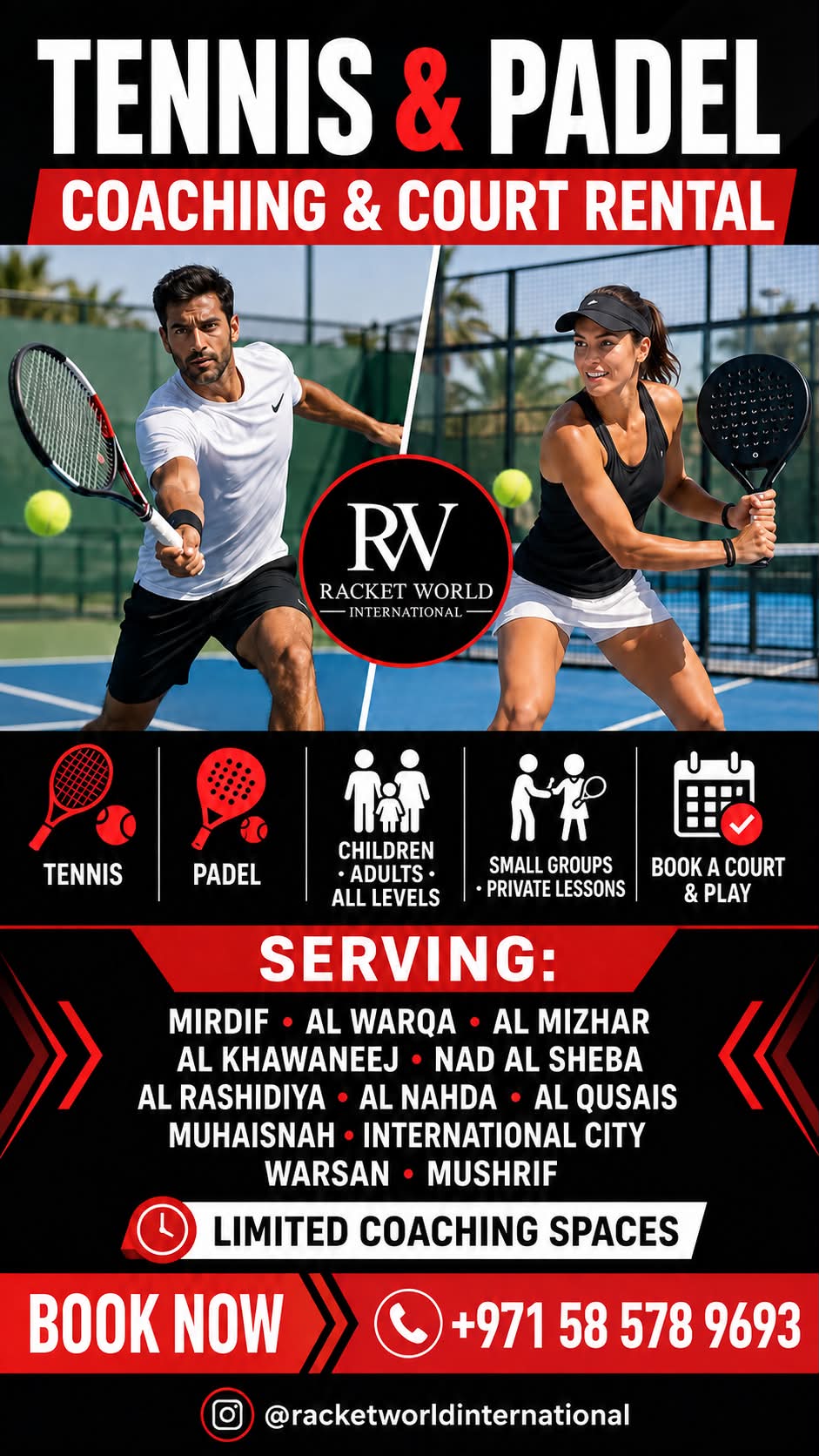 Racket World International Facebook ad: Coaching and Court rental at two brand new…