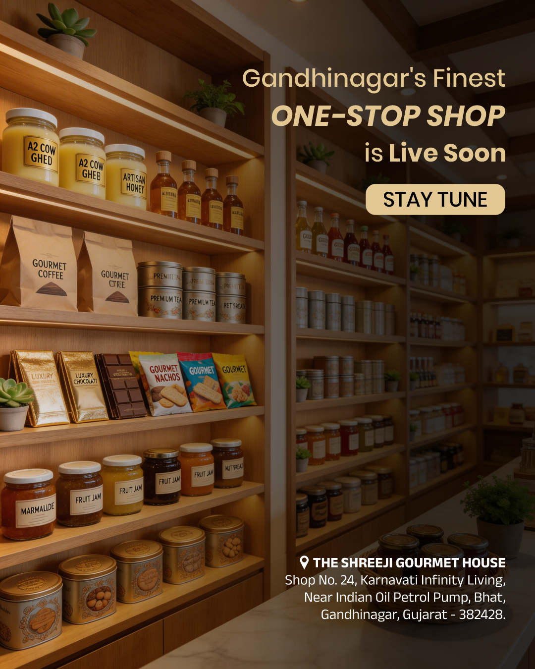 The Shreeji Gourmet House Facebook ad: Gandhinagar, your wait is almost over.