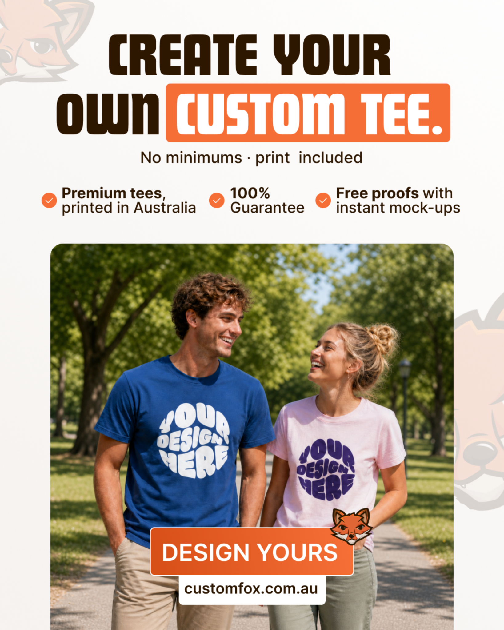 Custom Fox Facebook ad: Custom Fox. Your Design. Your Logo on a Customised Tee