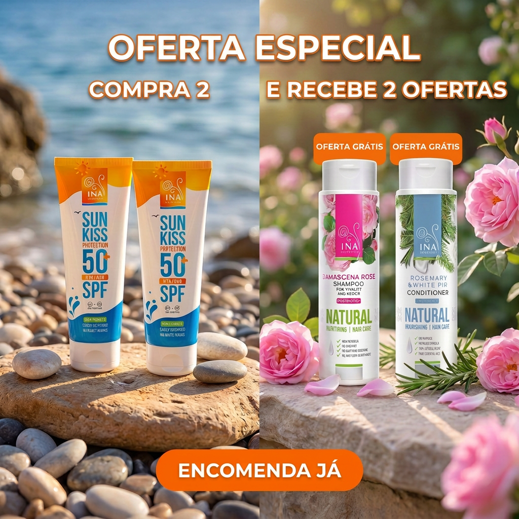 Cosméticos Orgânicos Familiares - InaEssentials.PT Facebook ad: Compra 2 SPF 50+ e recebe 2 ofertas