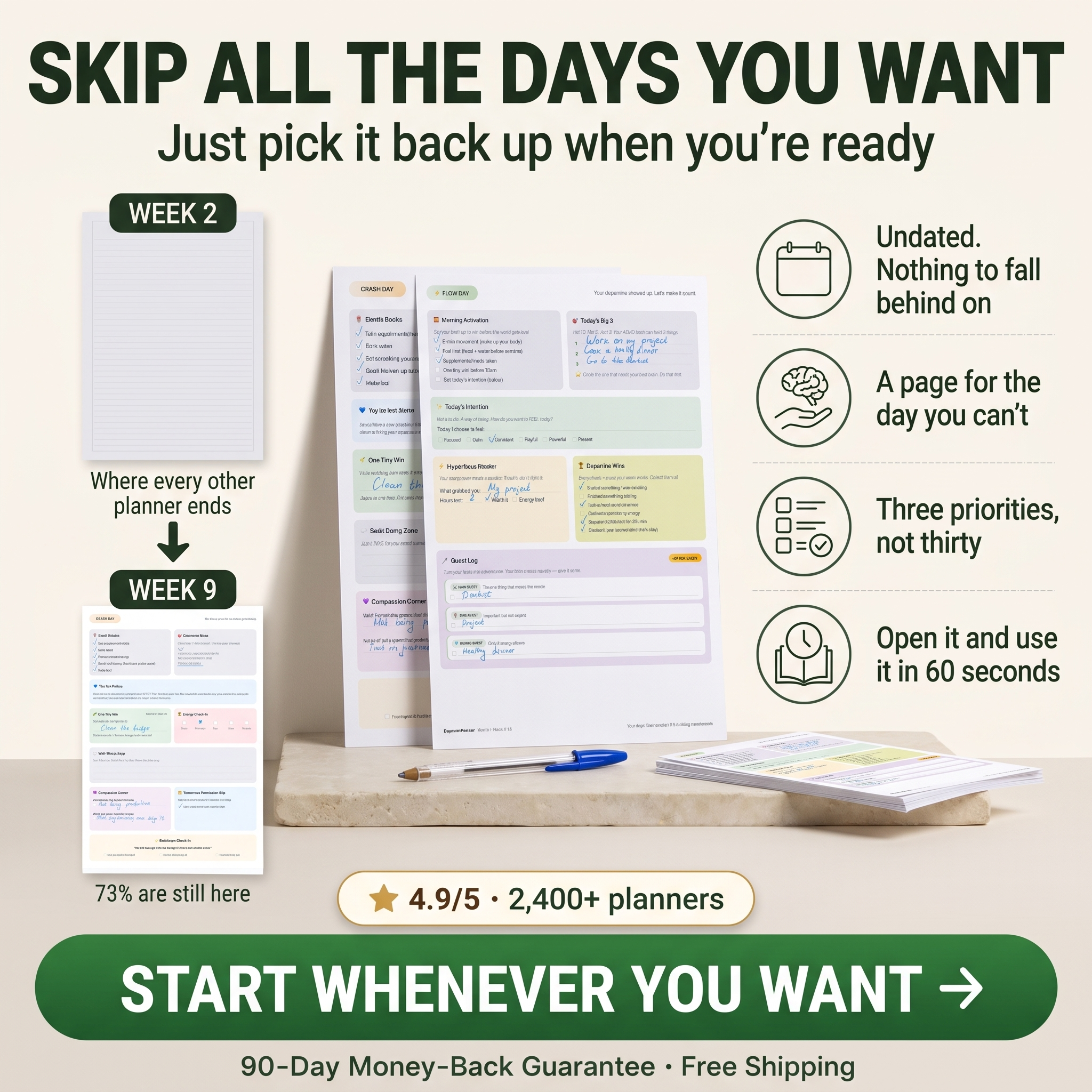 Dopamine Planner Facebook ad: Stop Starting Over. Just Keep Going.