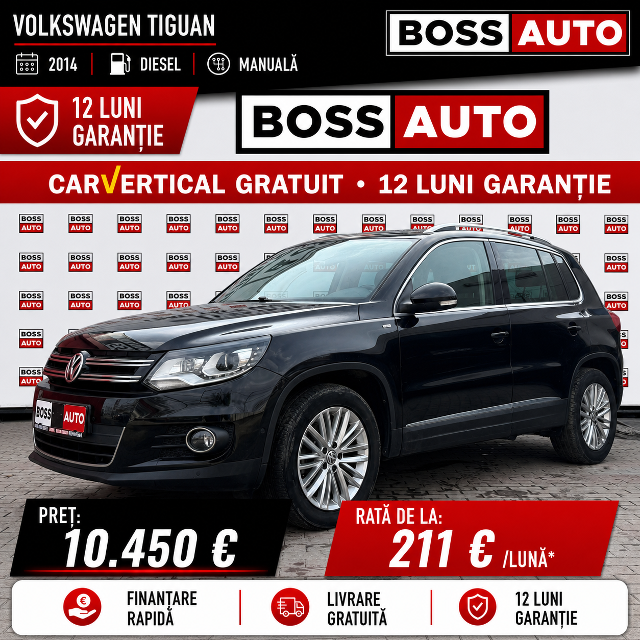 Boss Auto România Facebook ad: Volkswagen: fiabilitate germană pentru fiecare drum.