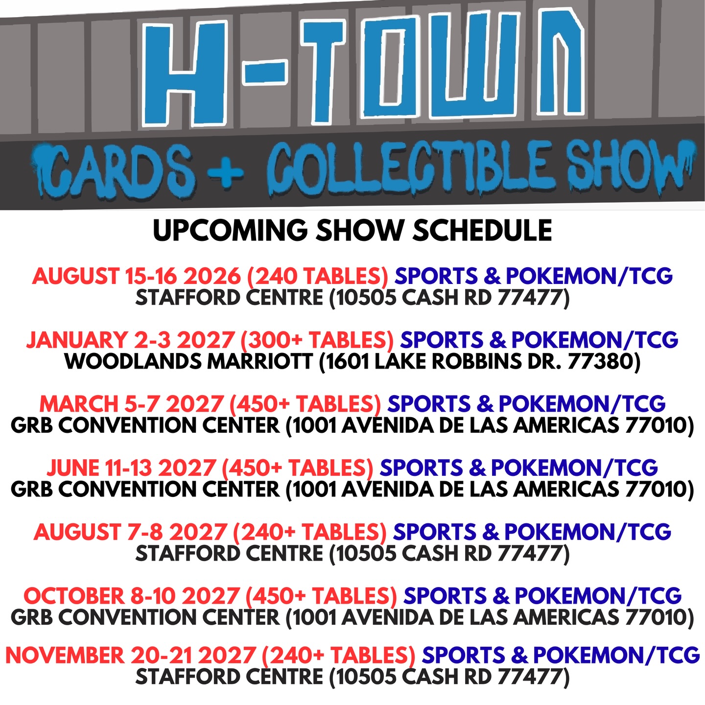 H-Town Cards & Collectible Show Facebook ad: Our 2027 SHOW SCHEDULE IS SET