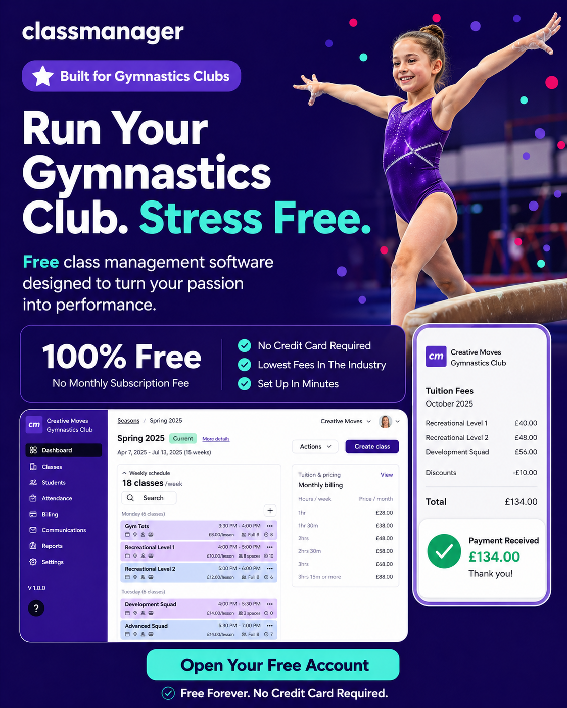 Class Manager Facebook ad: Stop Paying for Gymnastics Software