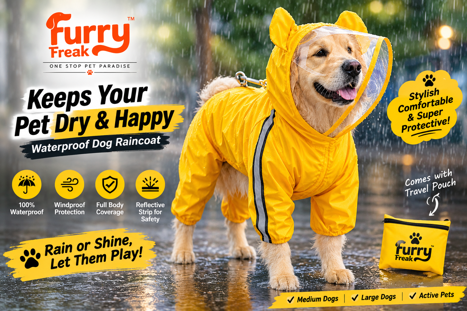 Furry Freak Facebook ad: Bold Yellow Full-Body Dog Raincoat with Clear View…