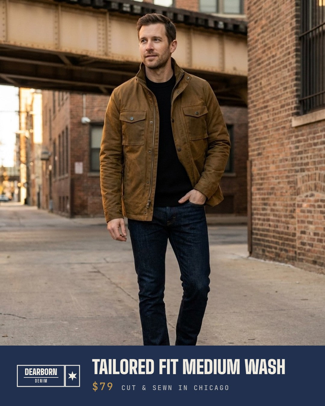 Dearborn Denim & Apparel Facebook ad: Stretch That Holds Its Shape.