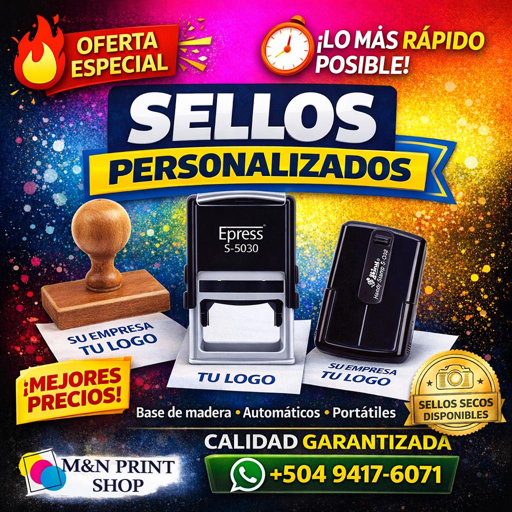 M&N Print Shop Facebook ad: Sellos personalizados para todo tipo de necesidad