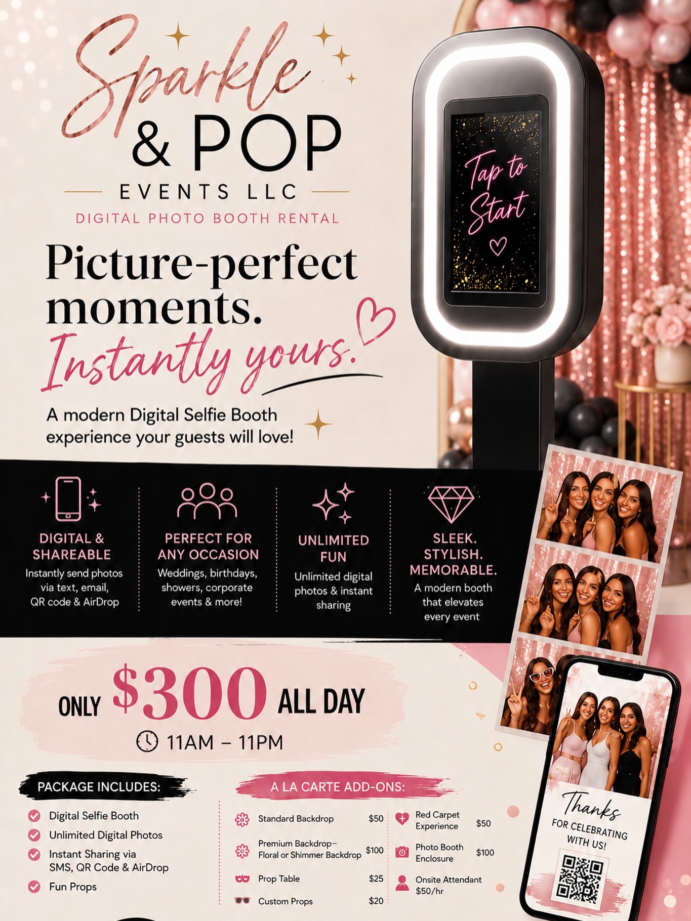 Sparkle and Pop Events LLC Facebook ad: Picture-Perfect Moments. Instantly Yours.