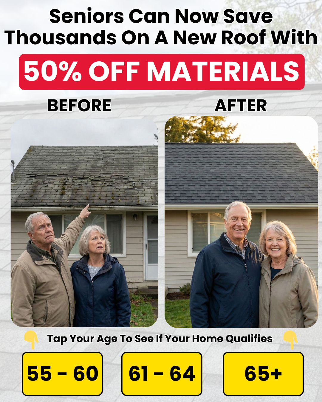 Home Genius Exteriors Facebook ad: Seniors Get 50% OFF Materials On A Roof Replacement